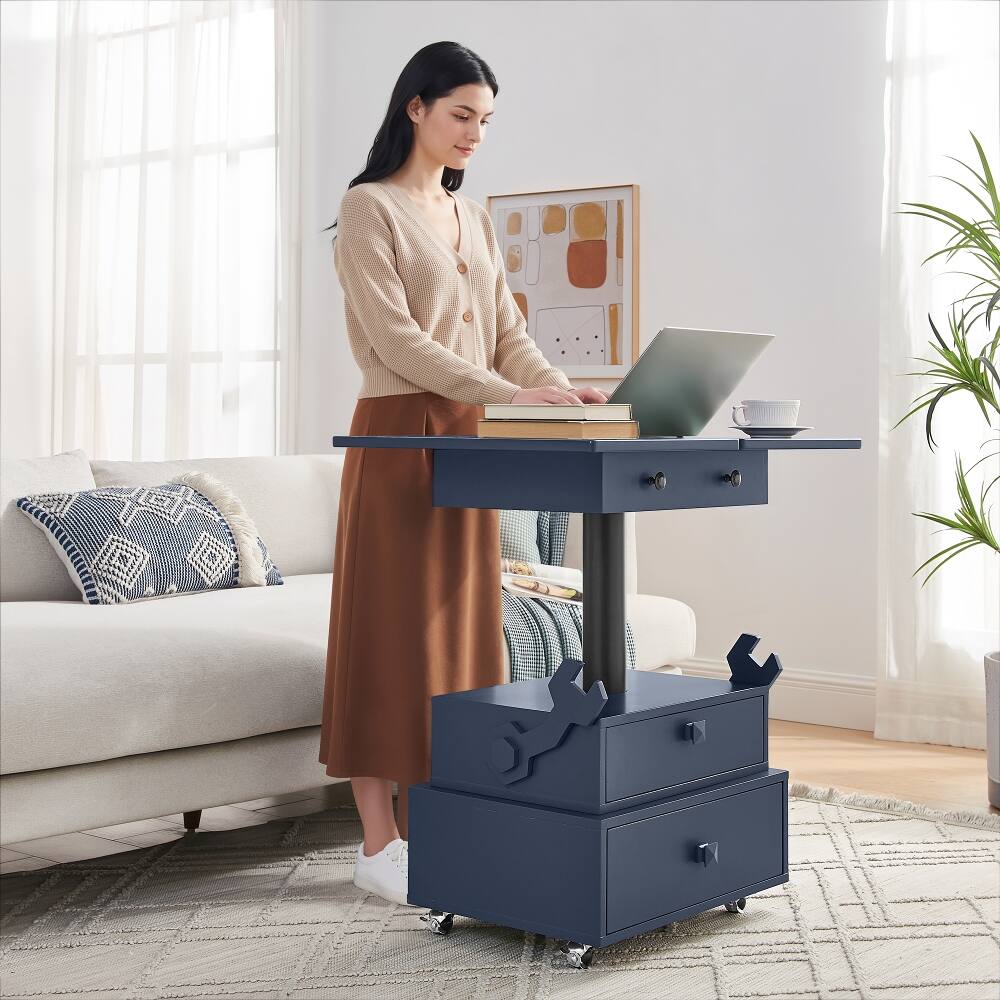 Alt View 3. Loheer - Adjustable Height End Table with Charging Station, Rolling Side Table with Lift Top, Storage Drawers, White High-Gloss - White.