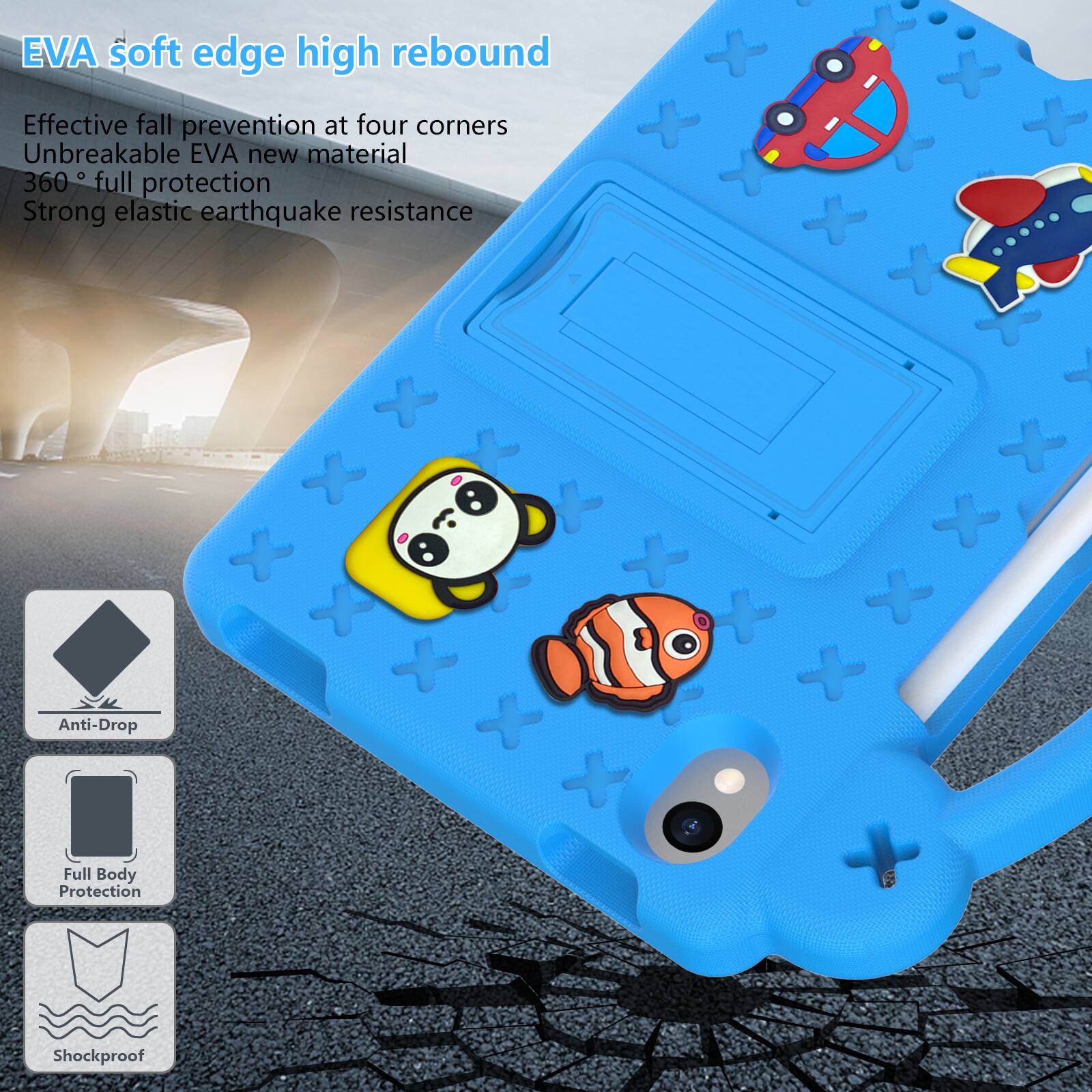 EVA soft edge high rebound  
Effective fall prevention at four corners  
Unbreakable EVA new material  
360° full protection  
Strong elastic earthquake resistance  

Anti-Drop  
Full Body Protection  
Shockproof