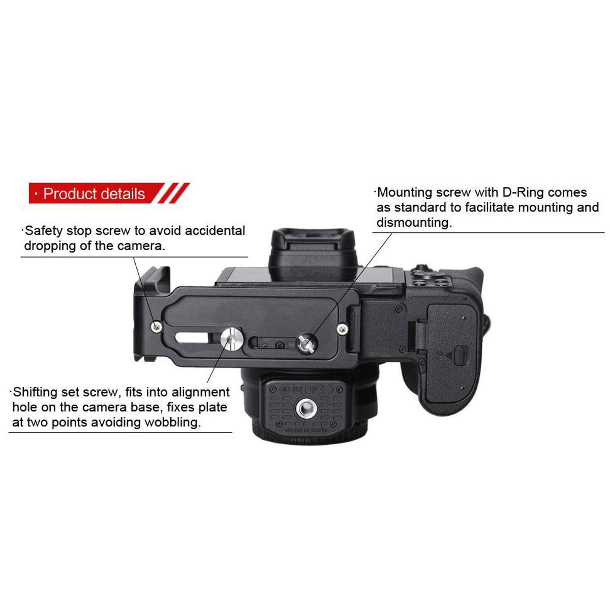 Product details

- Safety stop screw to avoid accidental dropping of the camera.
- Mounting screw with D-Ring comes as standard to facilitate mounting and dismounting.
- Shifting set screw, fits into alignment hole on the camera base, fixes plate at two points avoiding wobbling.