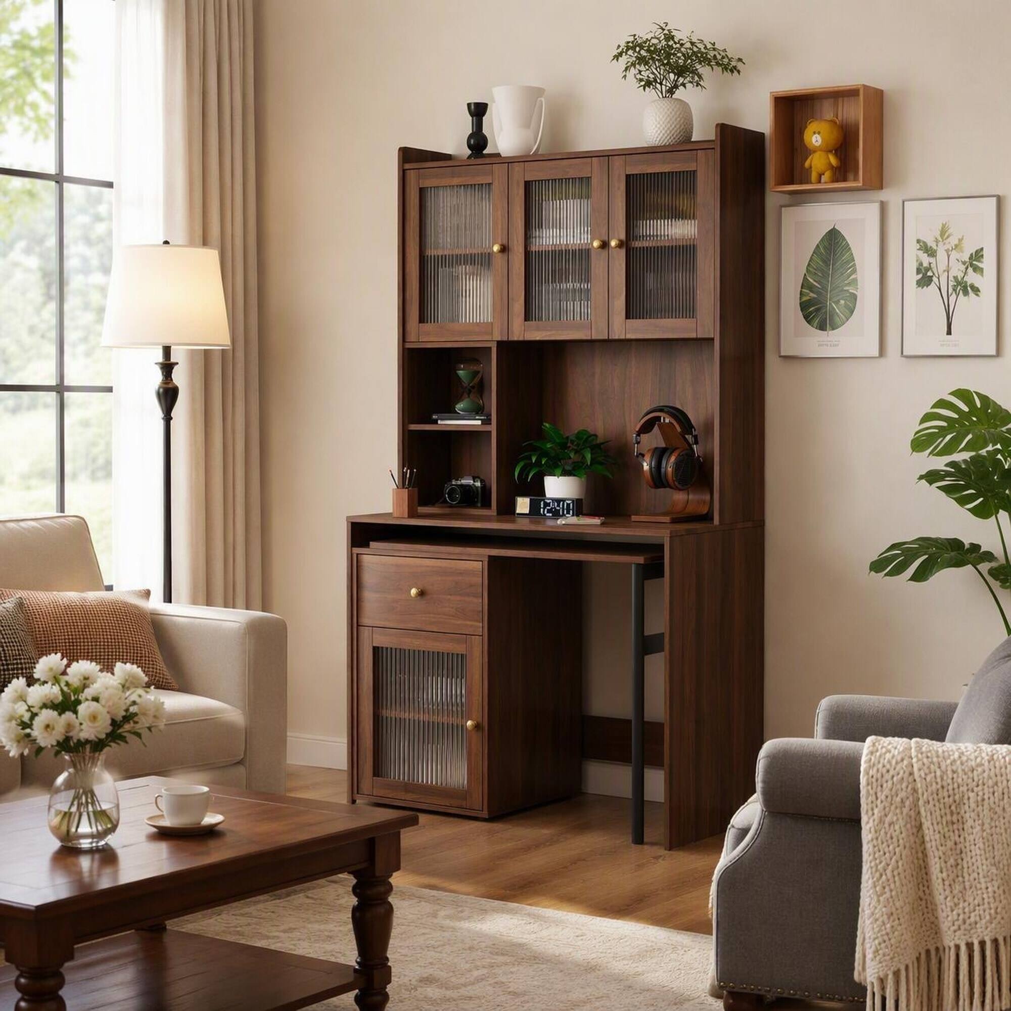 Back. RYHNUYNE - Computer Desk with Rotating Desktop and Glass Door Cabinets, Bookshelf Hutch, 15 mm Particle Board, Home Office Study - Walnut.