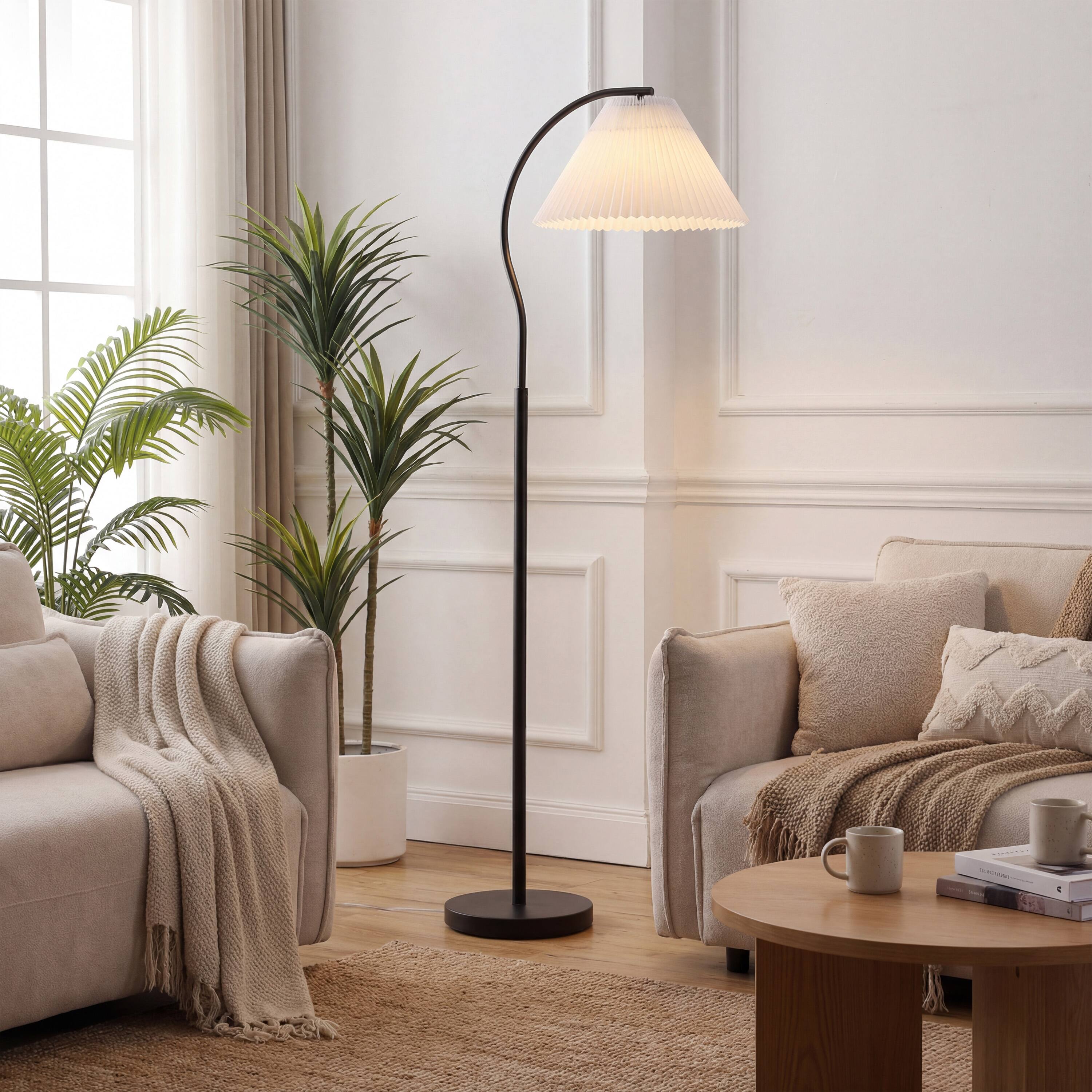 Alt View 7. Jonathan Y - Devon 60.5" Modern Glam Metal Arc LED Floor Lamp with Pleated Shade, Black/White - Black.