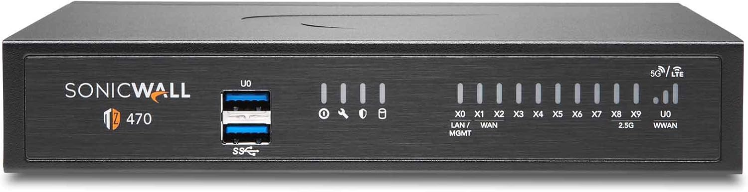 SONICWALL  
TZ 470  
U0  
5G LTE  
X0 X1 X2 X3 X4 X5 X6 X7 X8 X9 U0  
LAN/WAN MGMT  
2.5G WWAN