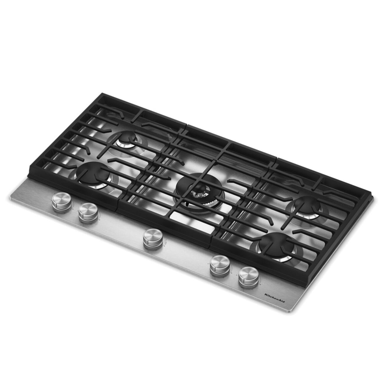 Angle. KitchenAid - 36  in. Gas Cooktop with 5 Burners and Integrated Wok Grate - Stainless Steel.