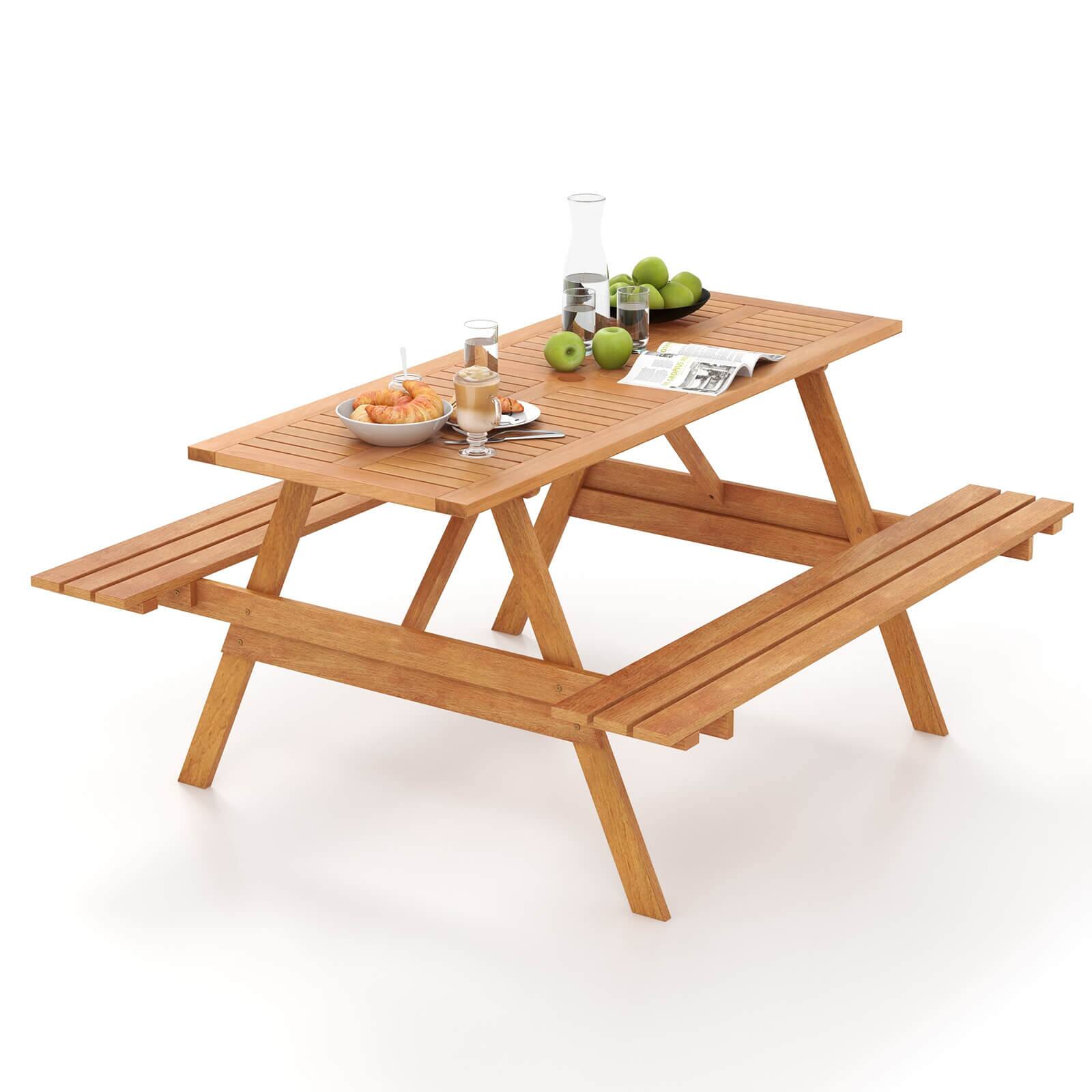 Alt View 4. Gymax - Gymax 6 Person Picnic Table Set w/ Table 2 Built-in Benches 2'' Umbrella Hole Patio - Natural.