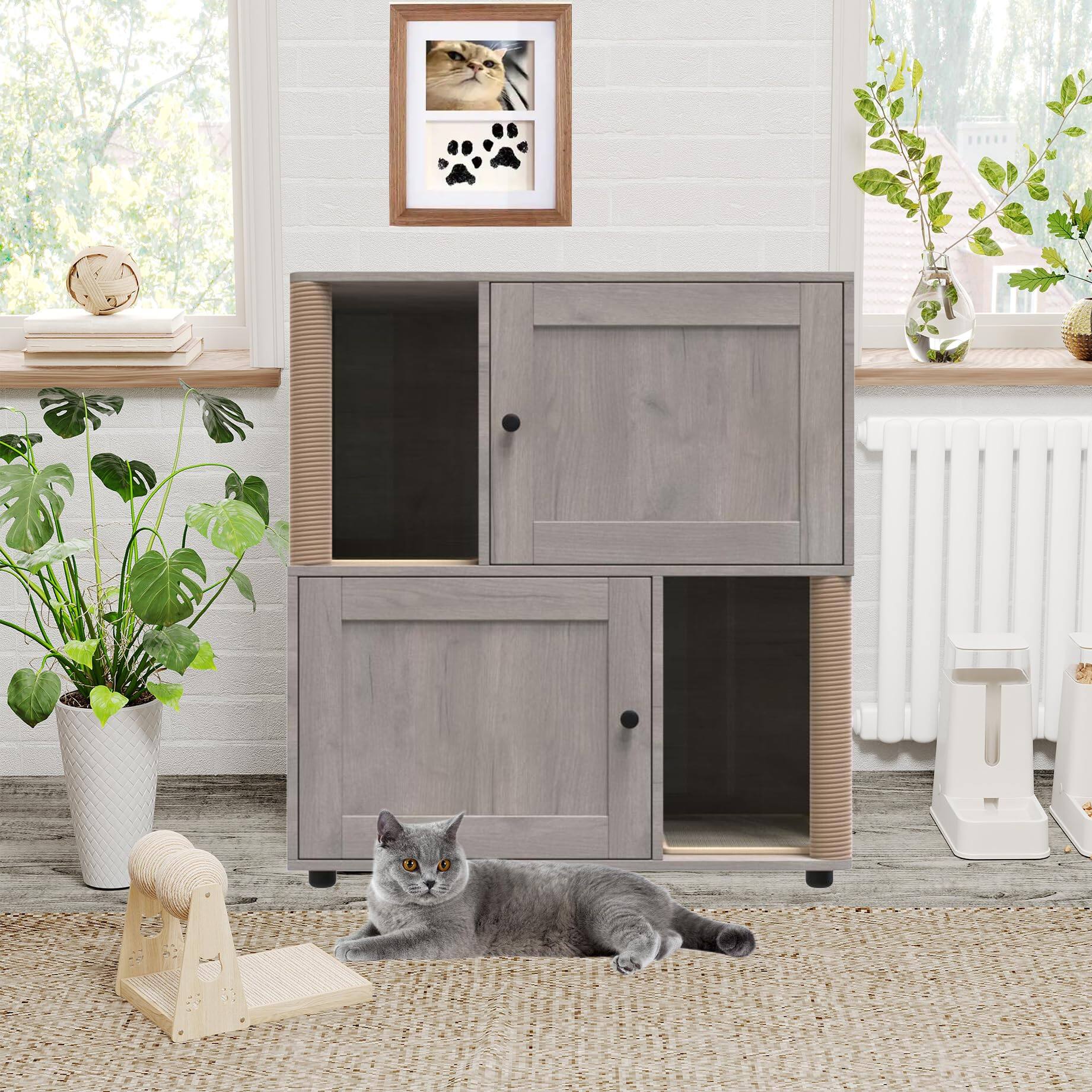 Front. Ficcuss Pets - Double Layer Cat Litter Box Enclosure for 2 Cats, Wooden Furniture with Scratching Posts & Board - Gray.