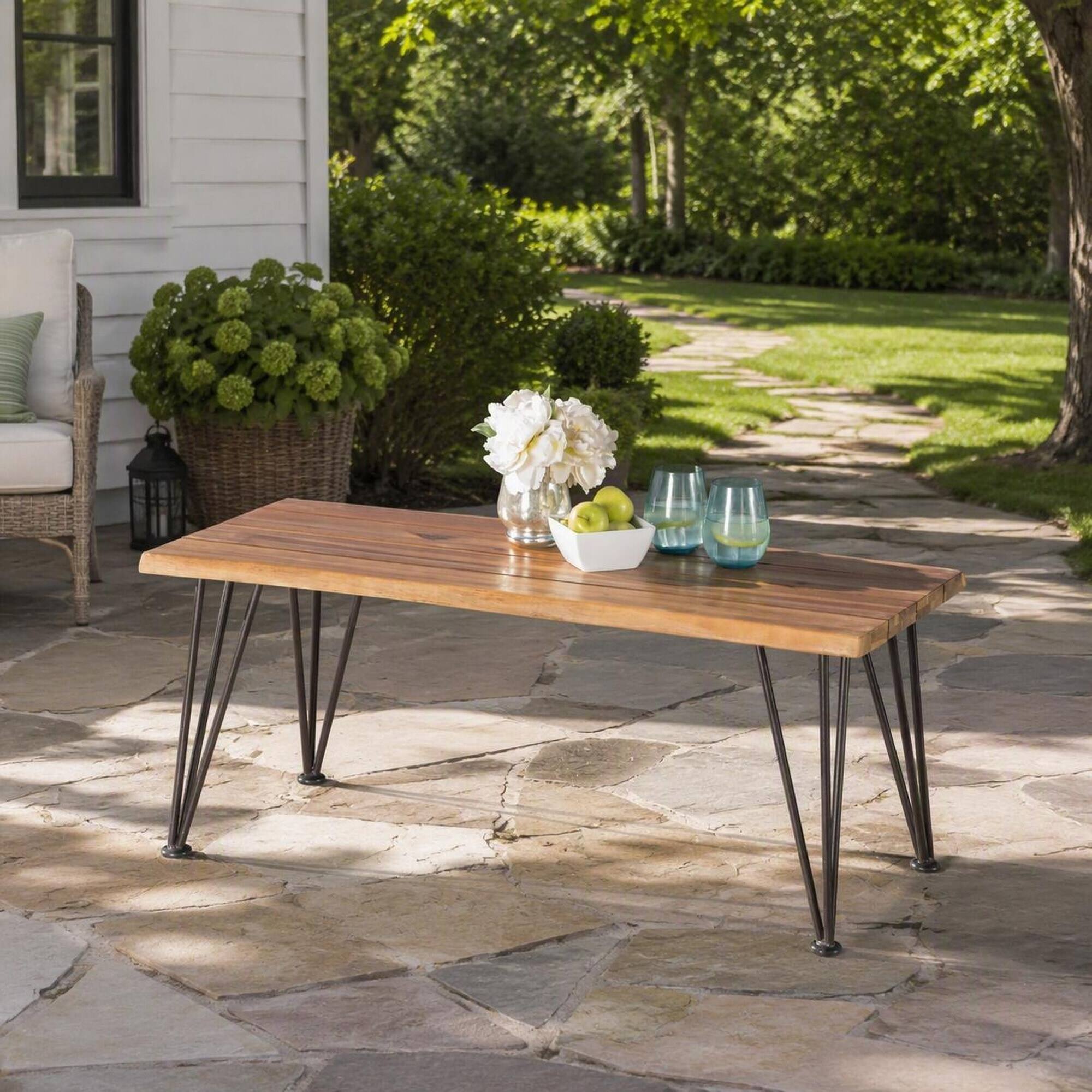 Angle. RYHNUYNE - Outdoor Rectangular Coffee Table,Slatted Wood Top with Metal Legs,Patio Accent Side Table for Garden - Teak.