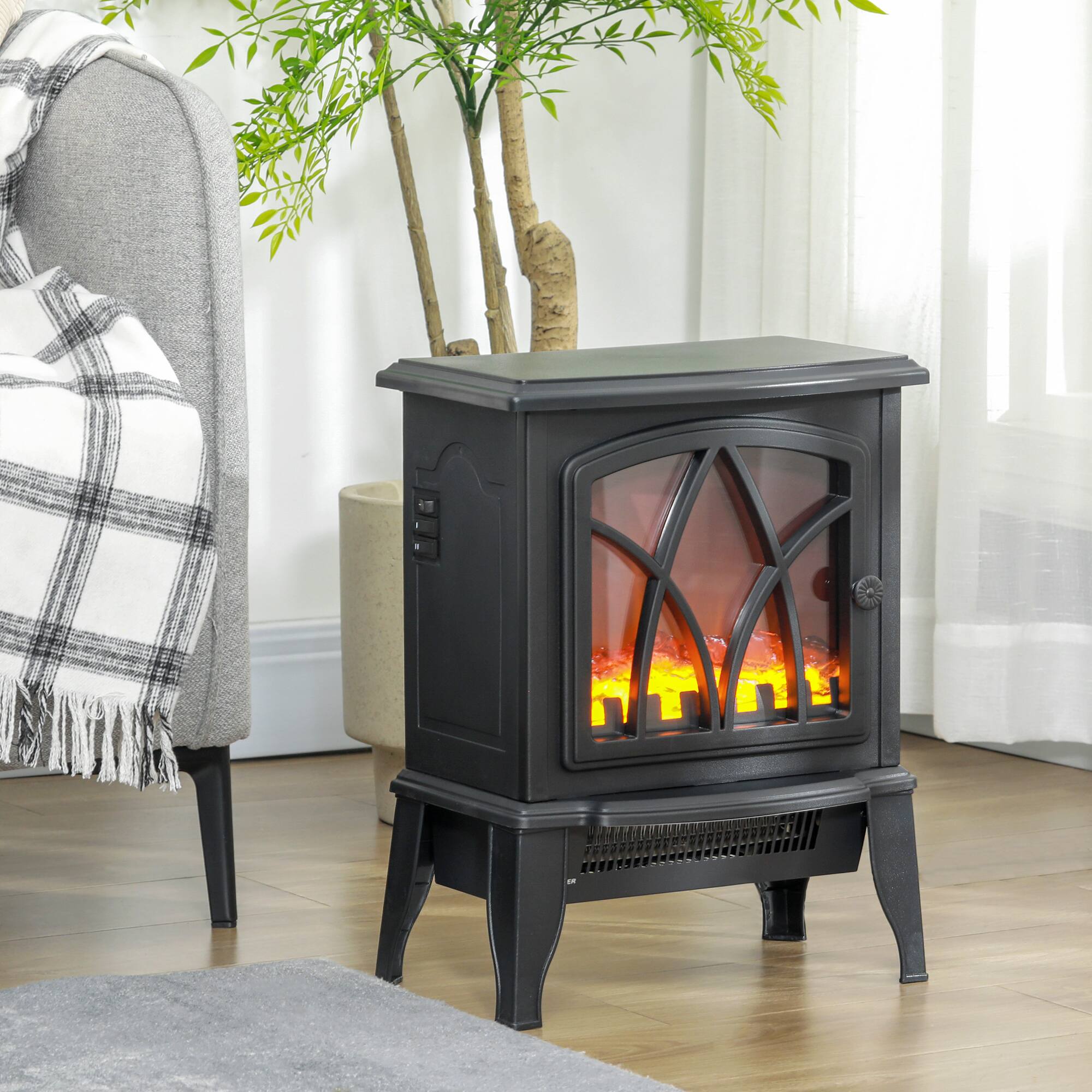 Angle. Homcom - Electric Fireplace Stove, 18" Freestanding Fireplace Heater with Realistic Flame, Overheating Protection.
