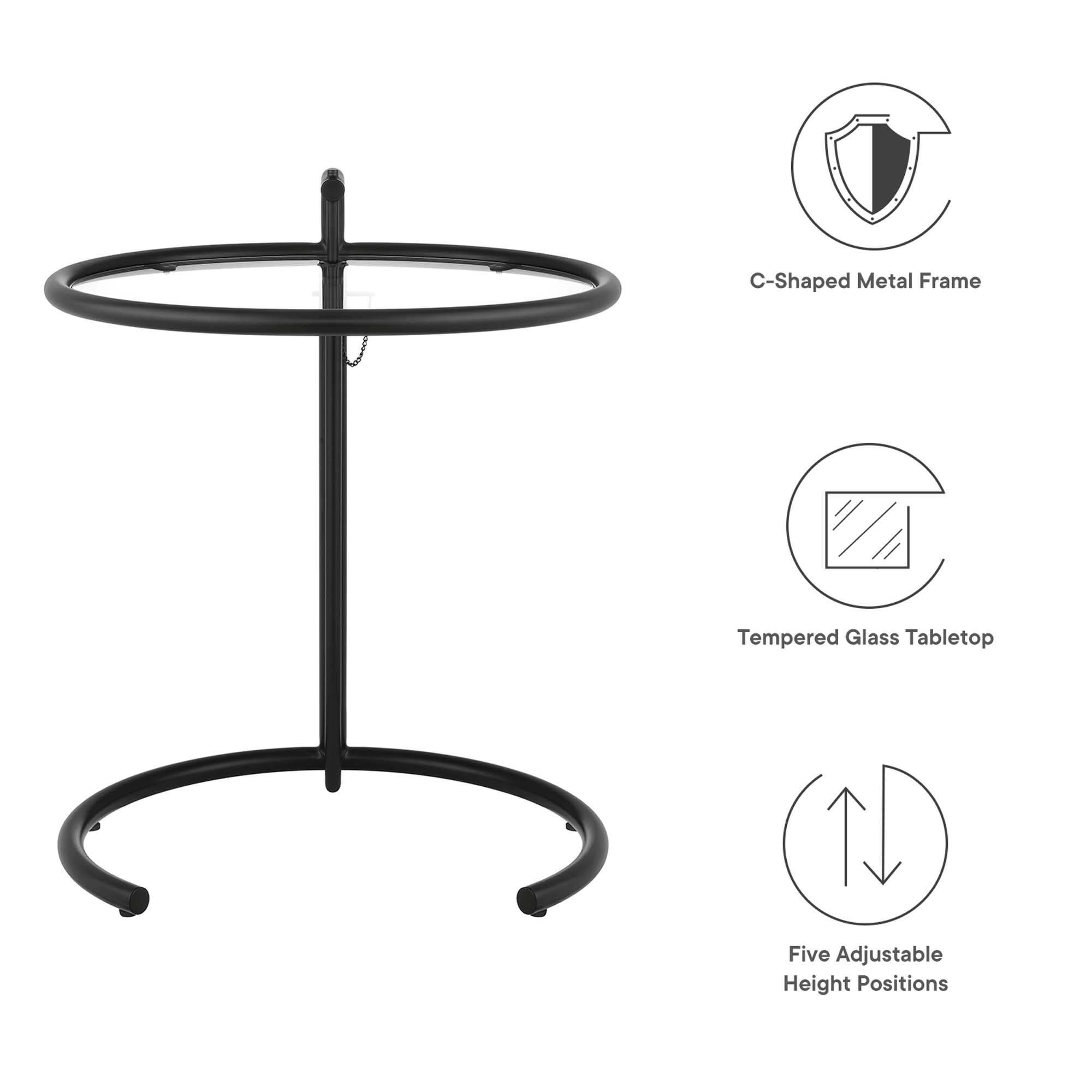 C-Shaped Metal Frame  
Tempered Glass Tabletop  
Five Adjustable Height Positions