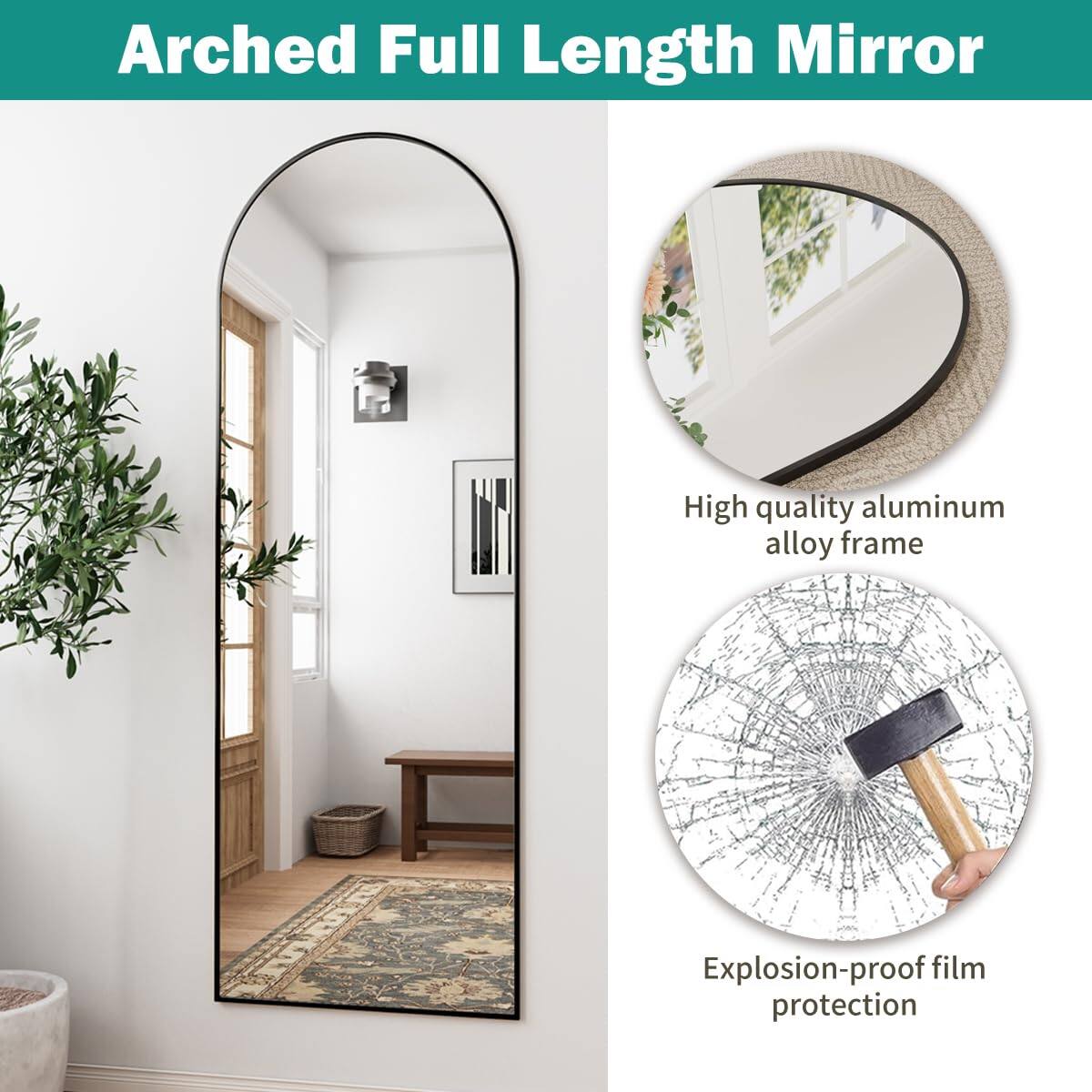 Arched Full Length Mirror

- High quality aluminum alloy frame
- Explosion-proof film protection