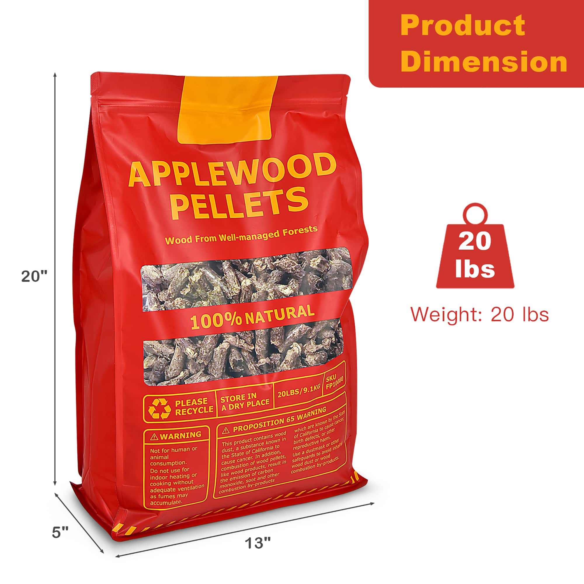Product Dimension: 20" x 13"
Applewood Pellets: Forests Wood from Well-managed Forests
Weight: 20 lbs
100% Natural
Please store in a dry place.
Recycle.
WARNING: This product contains wood dust, which can cause respiratory problems. Avoid inhaling dust.
Do not use for combustion purposes.
California Proposition 65 Warning: This product contains chemicals known to the state of California to cause cancer.
Do not use for indoor heating or cooking without proper ventilation. Fumes may accumulate.
SKU: FPINS