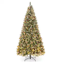 Costway - 9 FT Artificial Christmas Tree Hinged with 650 Warm LED Lights & 309 Red Berries - Green/White