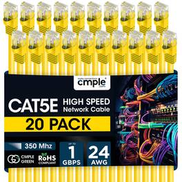 Cmple.com - Cmple - 20 Pack Cat5e Ethernet Cable 15ft Internet Patch Cord, RJ45, 1 Gigabit Router Cables 350Mhz LAN Wire - Yellow