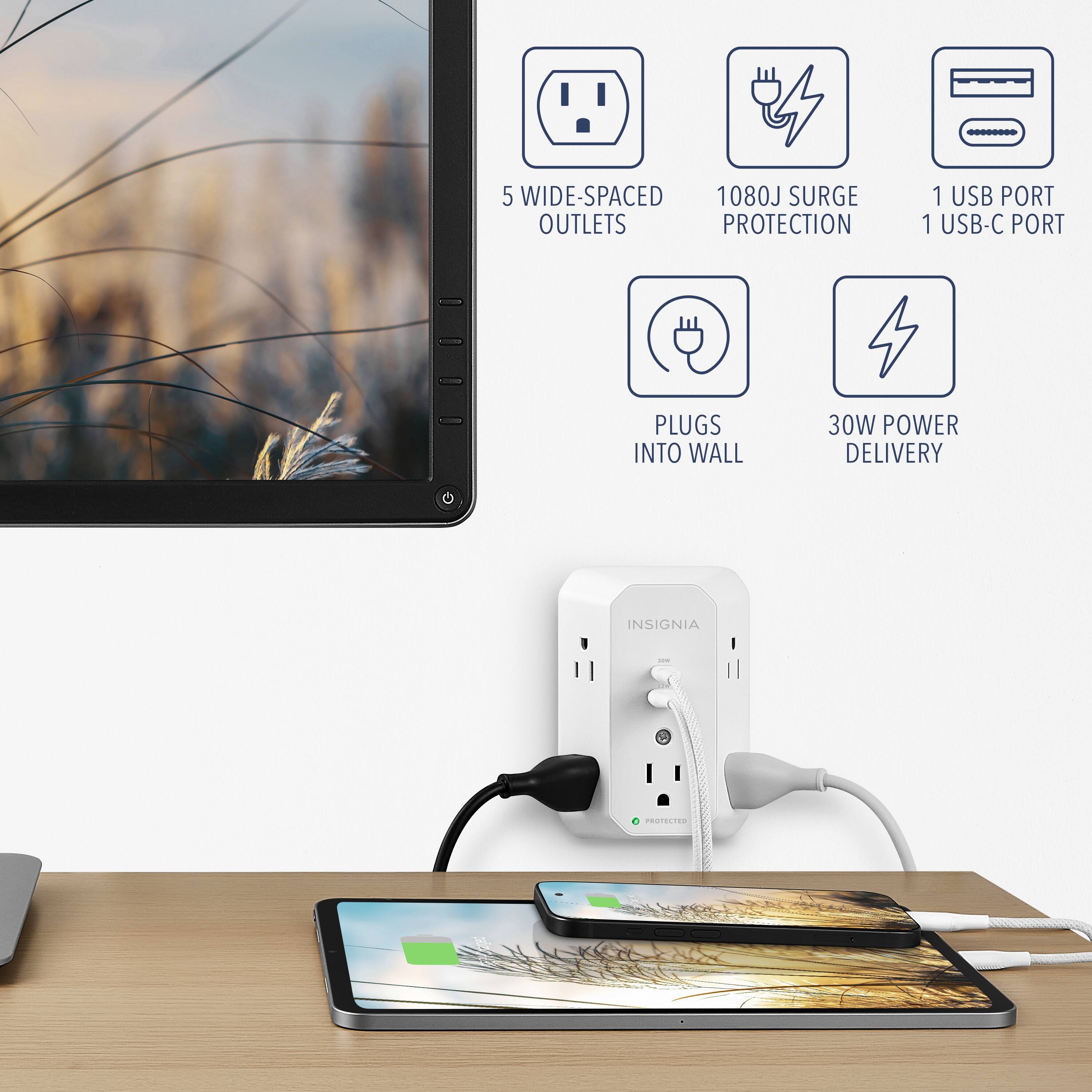 5 wide-spaced outlets, 1080J surge protection, 1 USB port, 1 USB-C port, plugs into wall, 30W power delivery, Insignia.