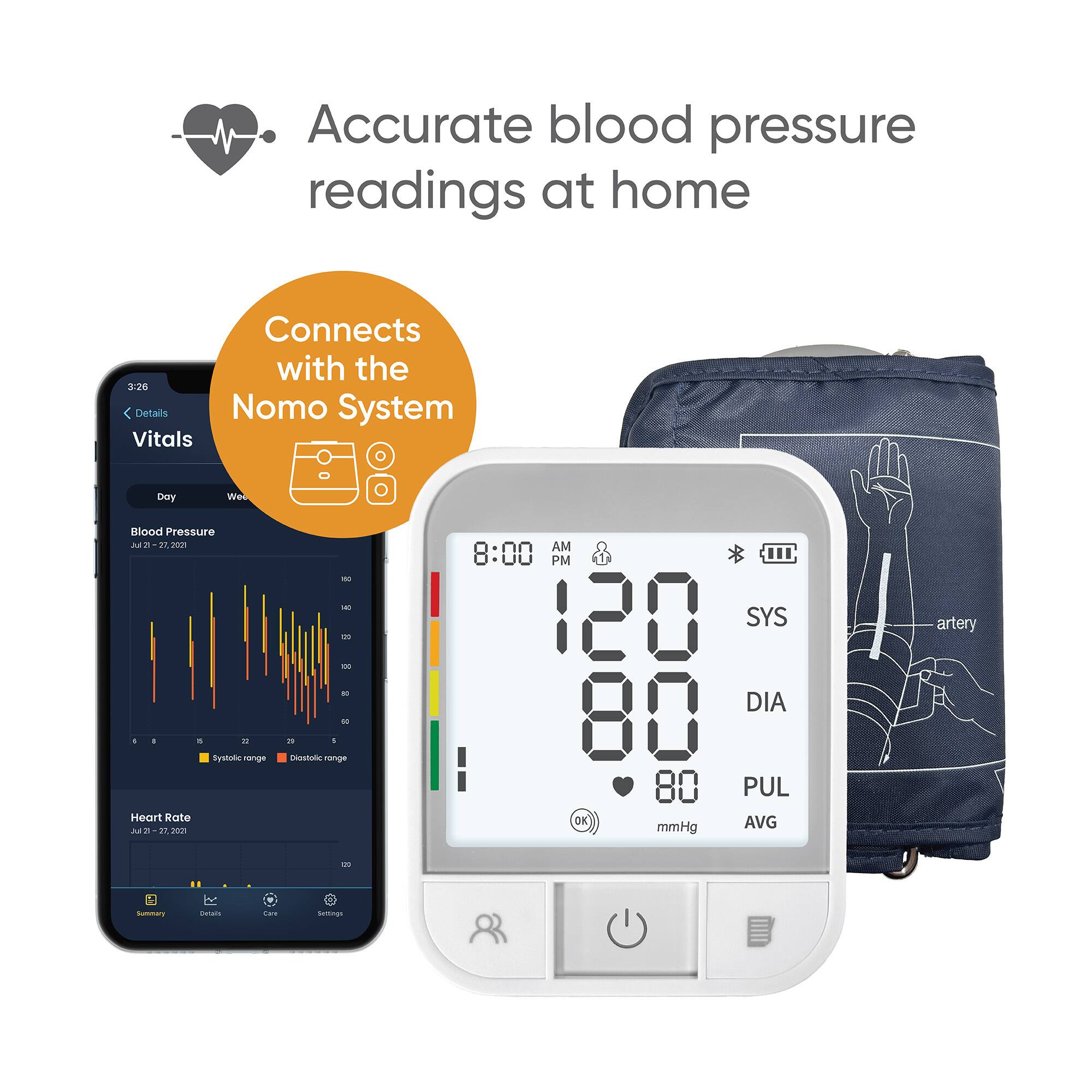 Accurate blood pressure readings at home  
Connects with the Nomo System  

Vitals  
Day  
Blood Pressure  
8:00 AM  
120 SYS  
80 DIA  
80 PUL  
AVG  
mmHg  

Heart Rate  
Jul 21 - 27, 2021  

Summary  
Details  
Care  
Settings  

Systole range  
Diastolic range