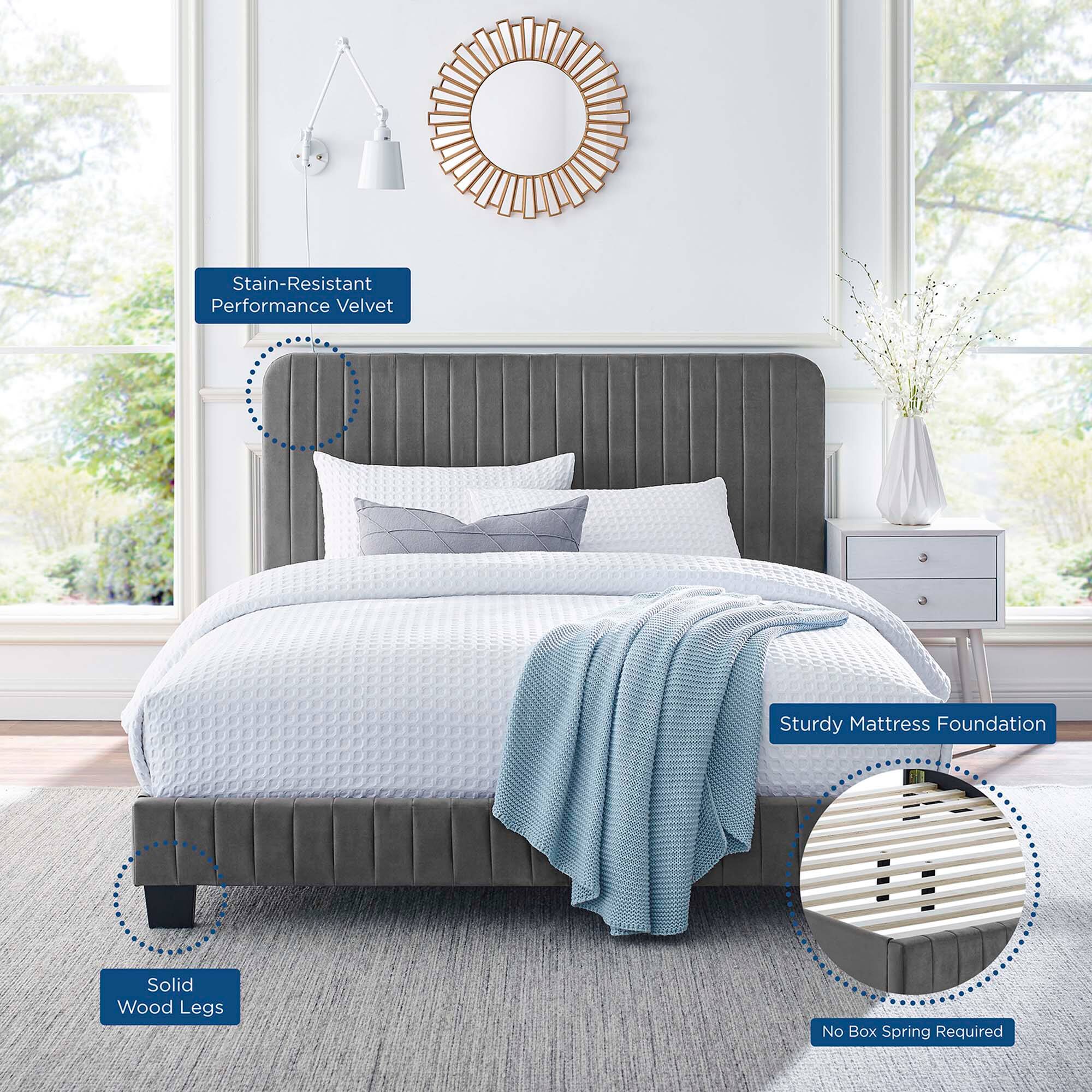 - Stain-Resistant Performance Velvet
- Solid Wood Legs
- Sturdy Mattress Foundation
- No Box Spring Required