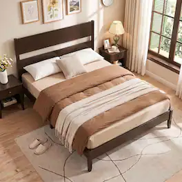 Costway - Queen Bed Frame with Headboard, Solid Wood Legs, 12 Slats, No Box Spring Needed - Dark Walnut