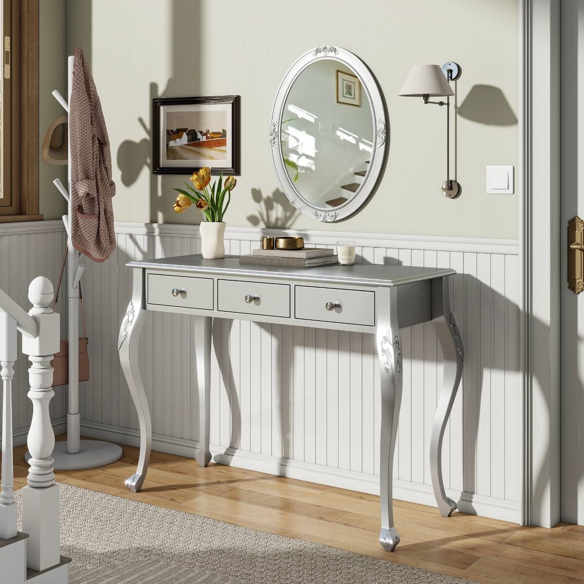 Front. Loheer - Loheer Silver Makeup Vanity Table with Large Oval Mirror and Three Drawers - Silver.