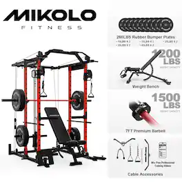 Mikolo - Power Rack Cage, 1500 lbs Weight Rack with Cable Crossover Machine, Multi-Function Squat Rack - Red