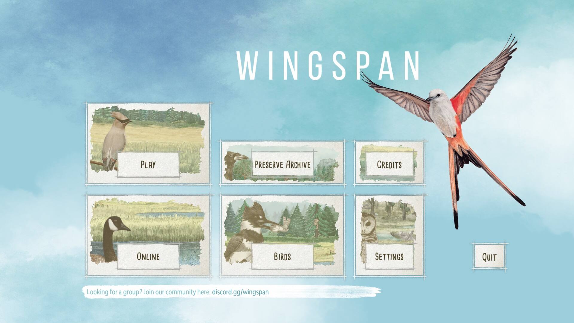 Wingspan Play Preserve Archive Credits Online Birds Settings Quit