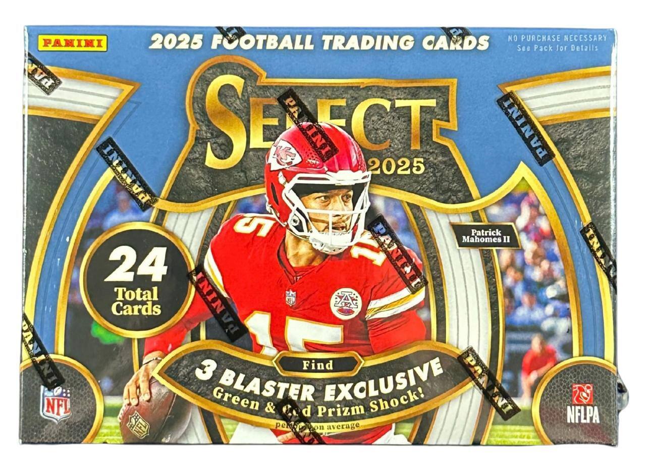 2025 Football Trading Cards  
Select 2025  
No Purchase Necessary  
See Pack for Details  

24 Total Cards  

Patrick Mahomes II  

Find 3 Blaster Exclusive Green & Gold Prizm Shock!  
per pack on average  

NFL  
NFLPA