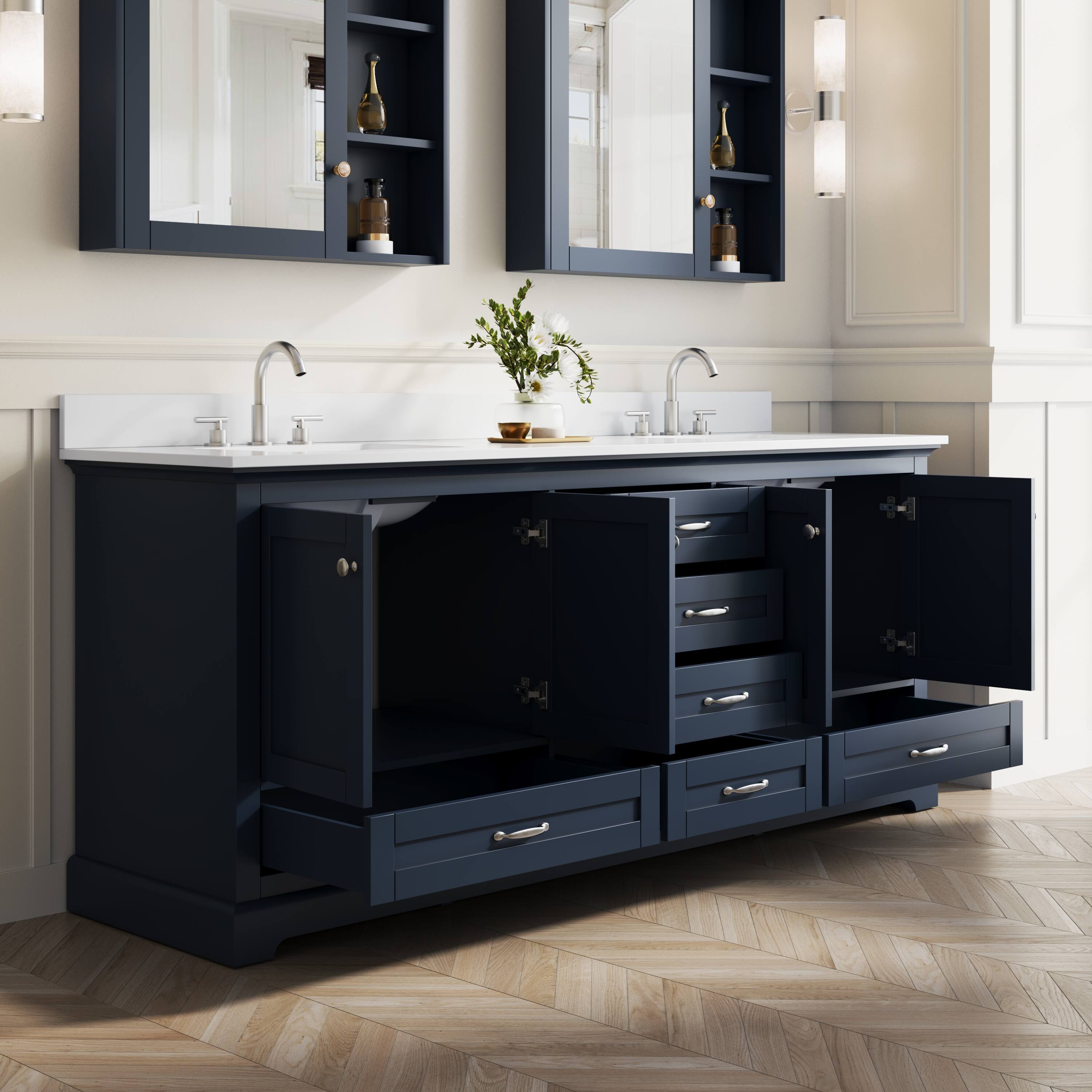 Back. WELLFOR - LVD 80 in. Solid Wood Double Sink Freestanding Bath Vanity with Culutered Marble Top, Assembled - Navy Blue.