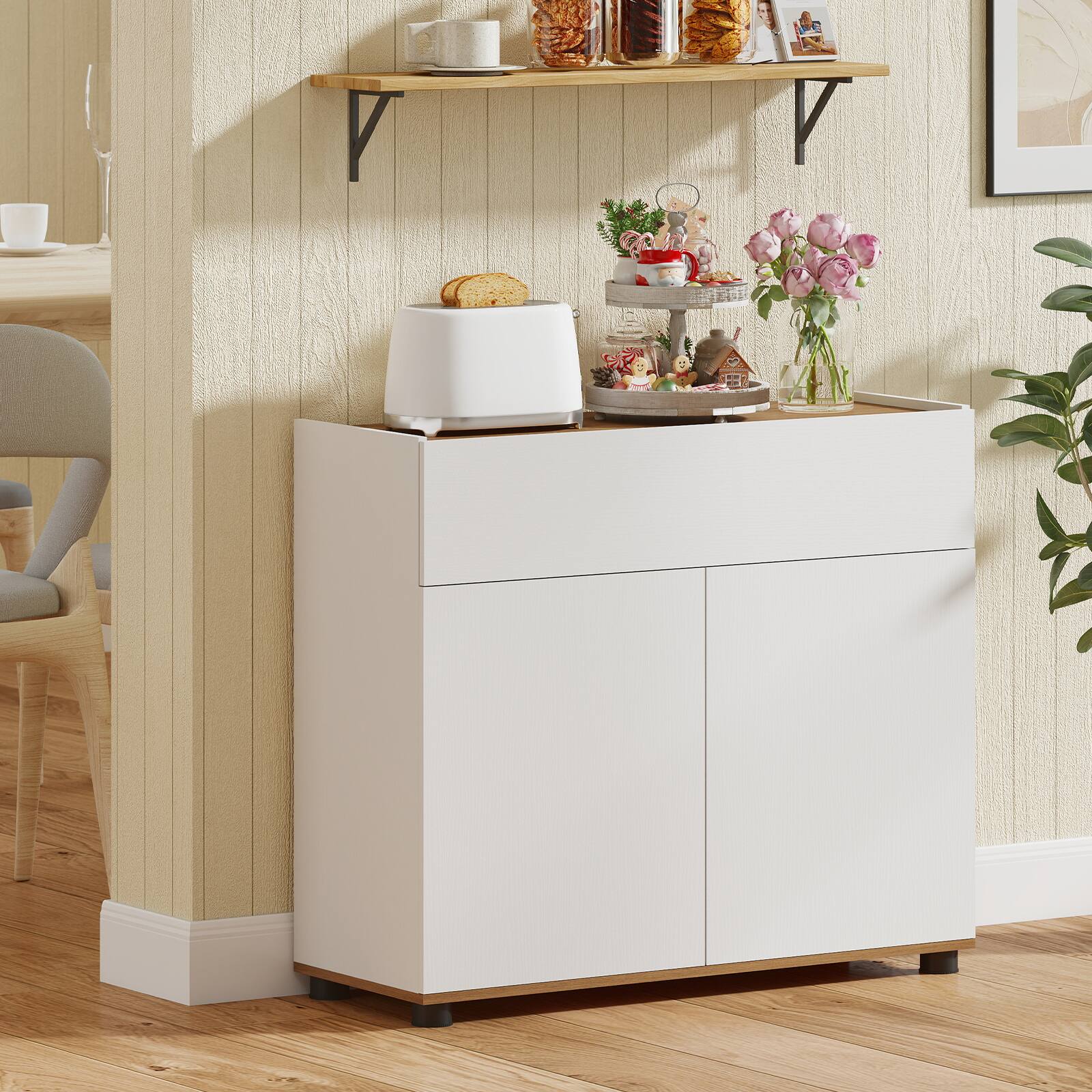Alt View 5. Costway - Costway Sideboard Buffet Cabinet with Storage, Drawer and Push-to-Open Doors for Kitchen - White.