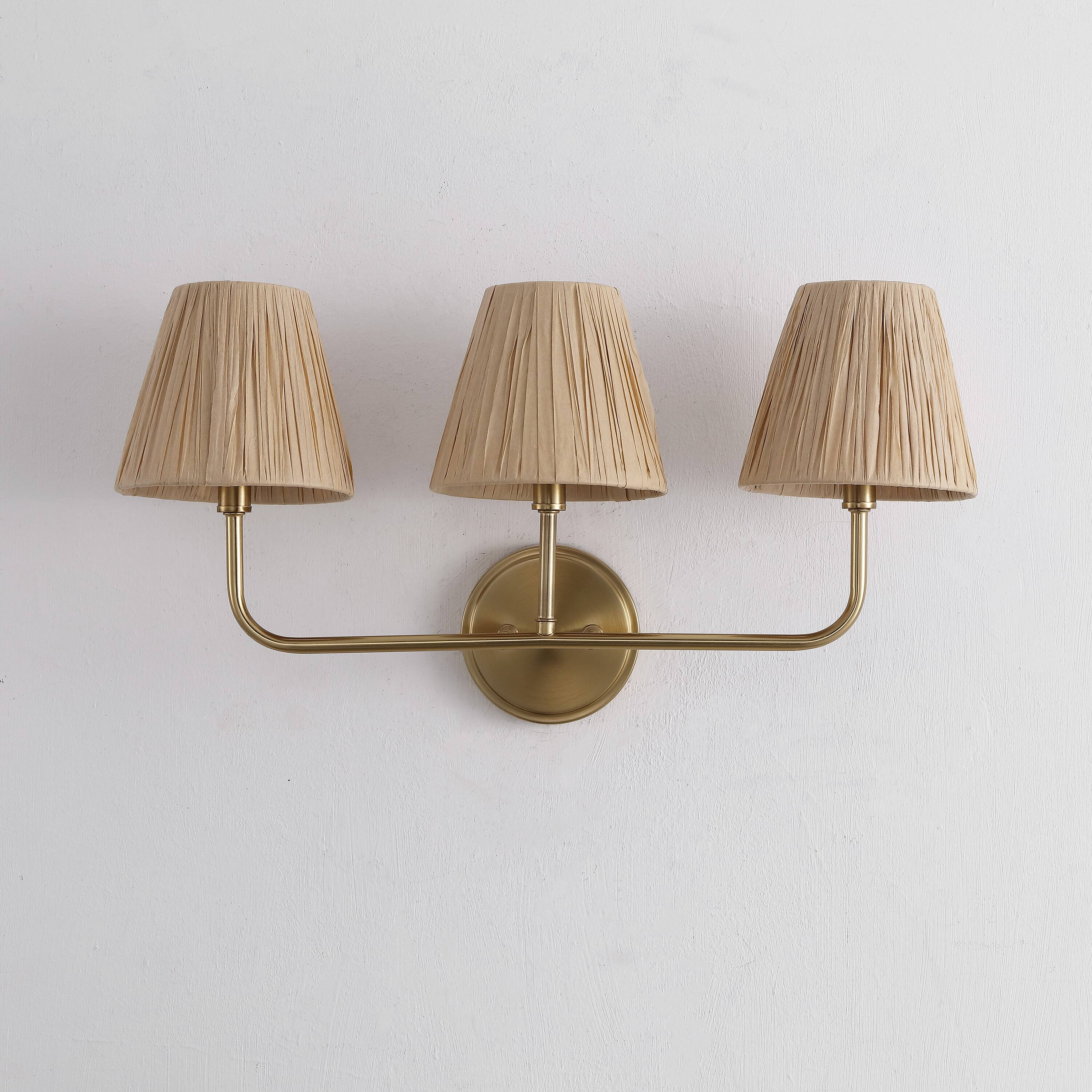 Alt View 5. Jonathan Y - Malaya 22.75" 3-Light Bohemian Coastal Metal Pleated Paper Shade LED Vanity Light, Beige/Brass Gold - Brass Gold/Beige.