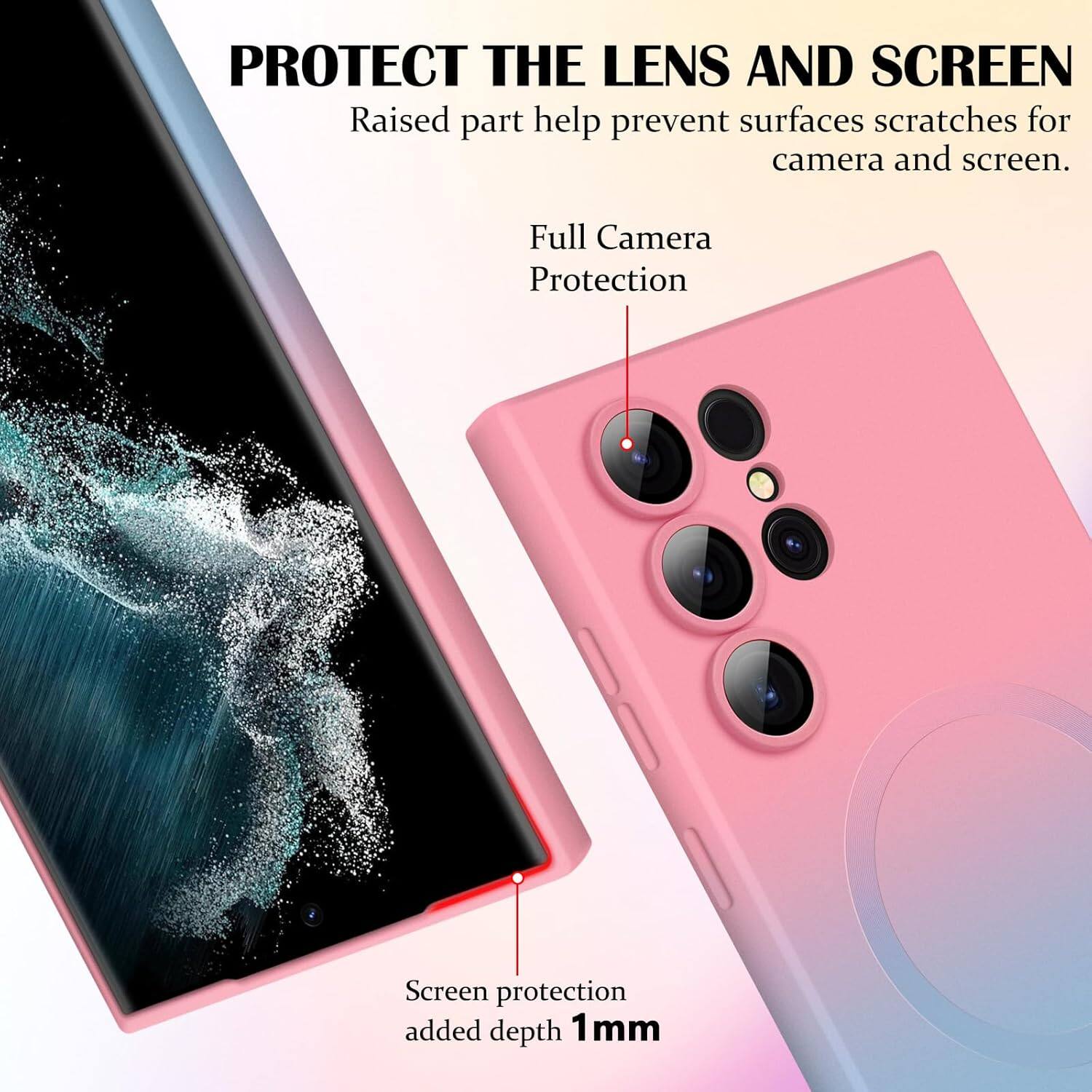 PROTECT THE LENS AND SCREEN  
Raised part help prevent surfaces scratches for camera and screen.  
Full Camera Protection  
Screen protection added depth 1mm