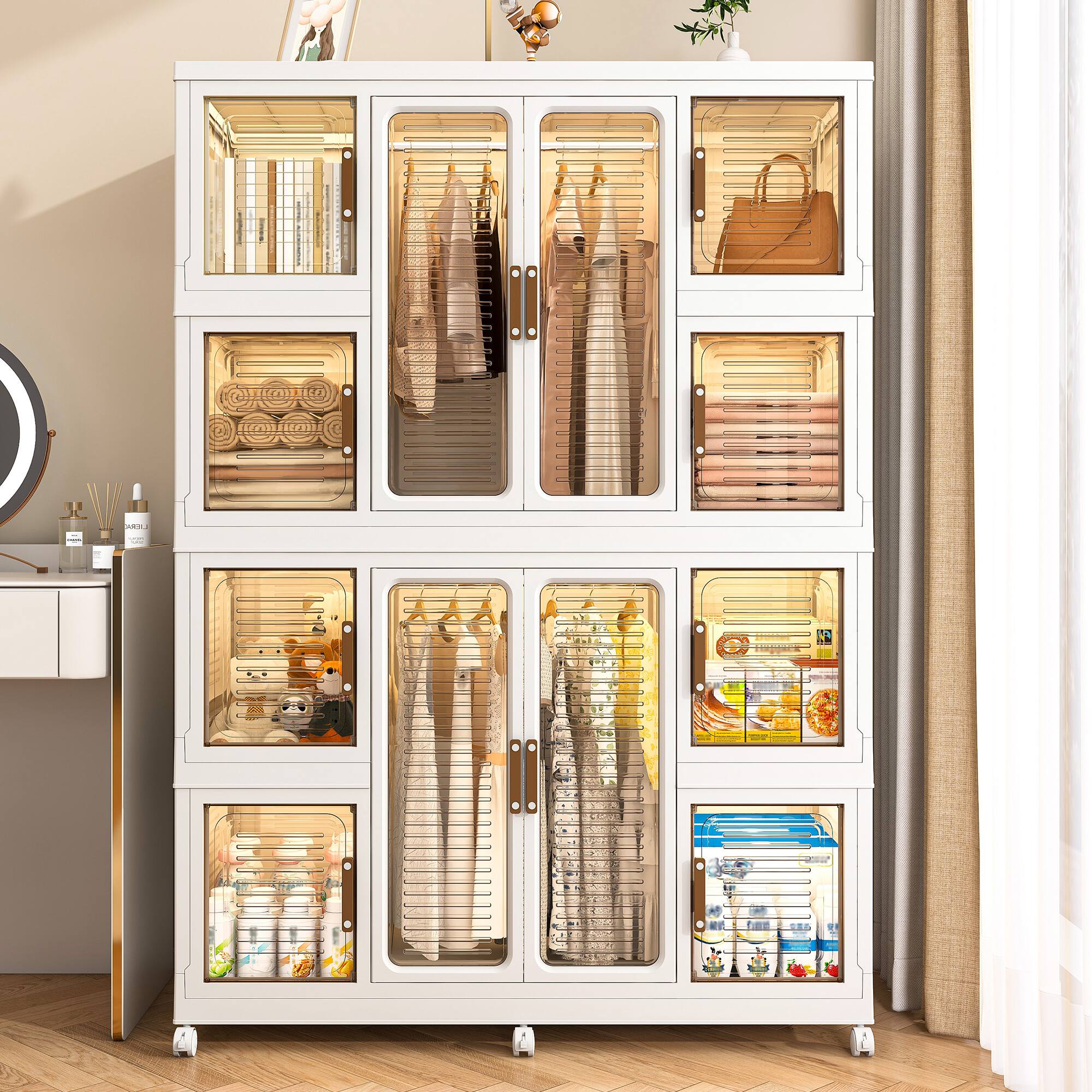 Alt View 8. Ecooso - Portable Wardrobe Closet Storage Organizer with 12 Cubes, Magnetic Doors and 2 Hanging Rods Dresser Cabinet - White.