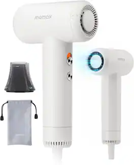 Momax - High-Speed Hair Dryer - Mini Blow Dryer with 110,000 RPM Brushless Motor, Negative Ionic for Fast Drying - White