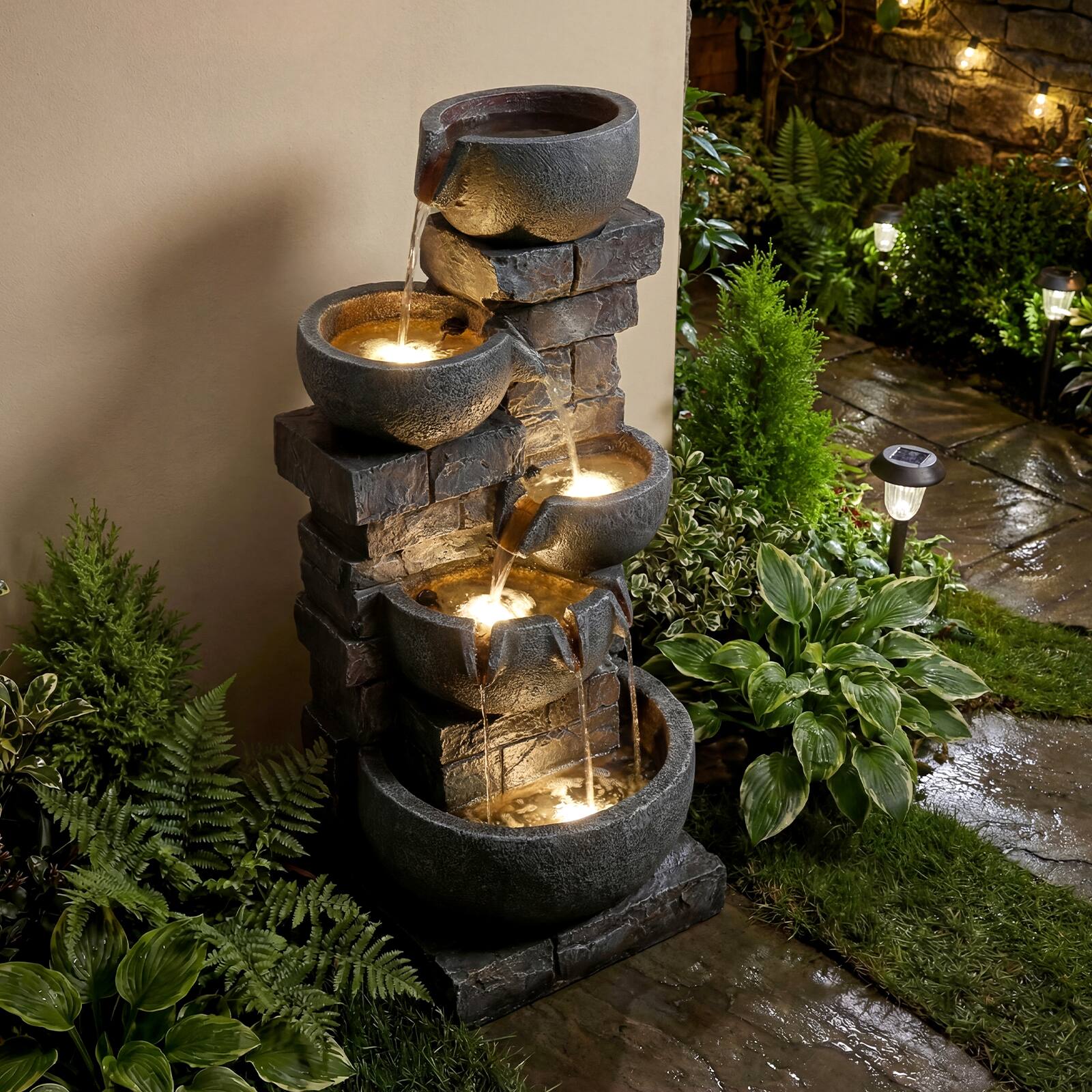 Alt View 4. Costway - Costway 33" 5-Tier Outdoor Water Fountain with LED Lights for Patio Backyard Porch Deck - Gray.