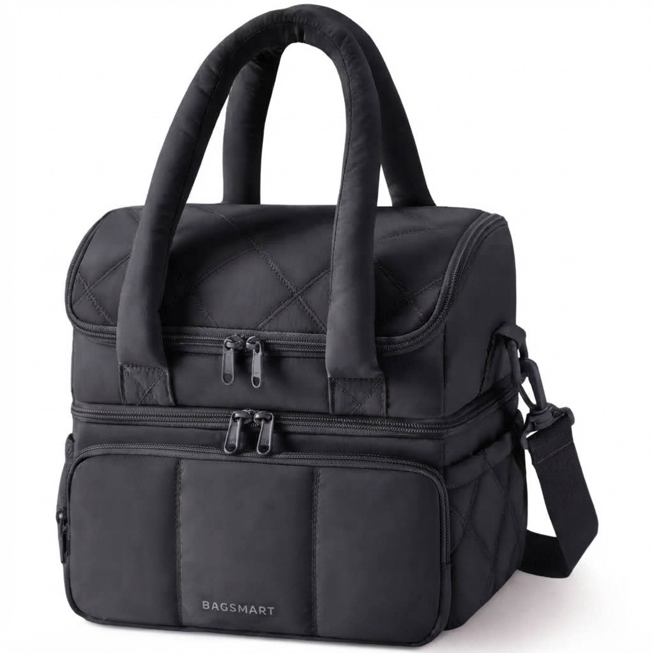 Angle. Bagsmart - Double Deck Insulated Lunch Bag, 11.8L Quilted Thermal Tote with Leakproof Compartments & Shoulder Strap - Black.
