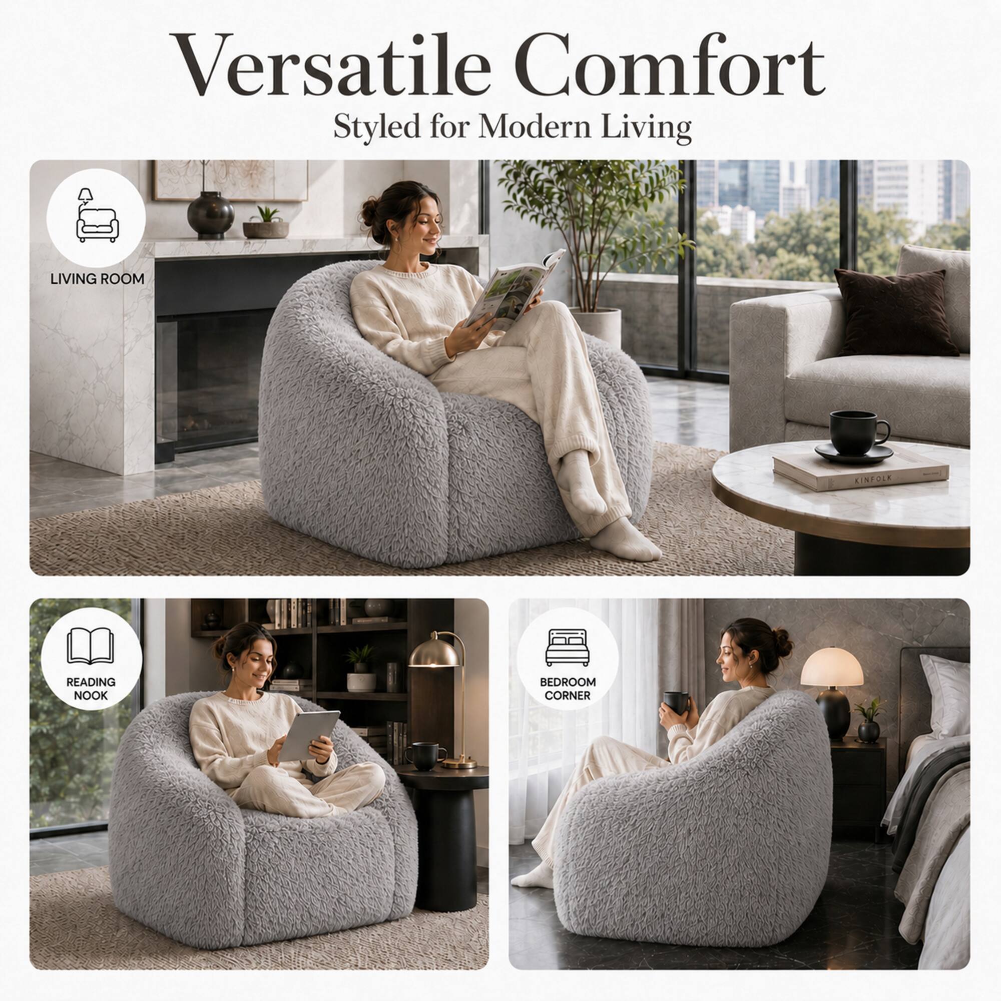 Versatile Comfort Styled for Modern Living

LIVING ROOM

READING NOOK

BEDROOM CORNER