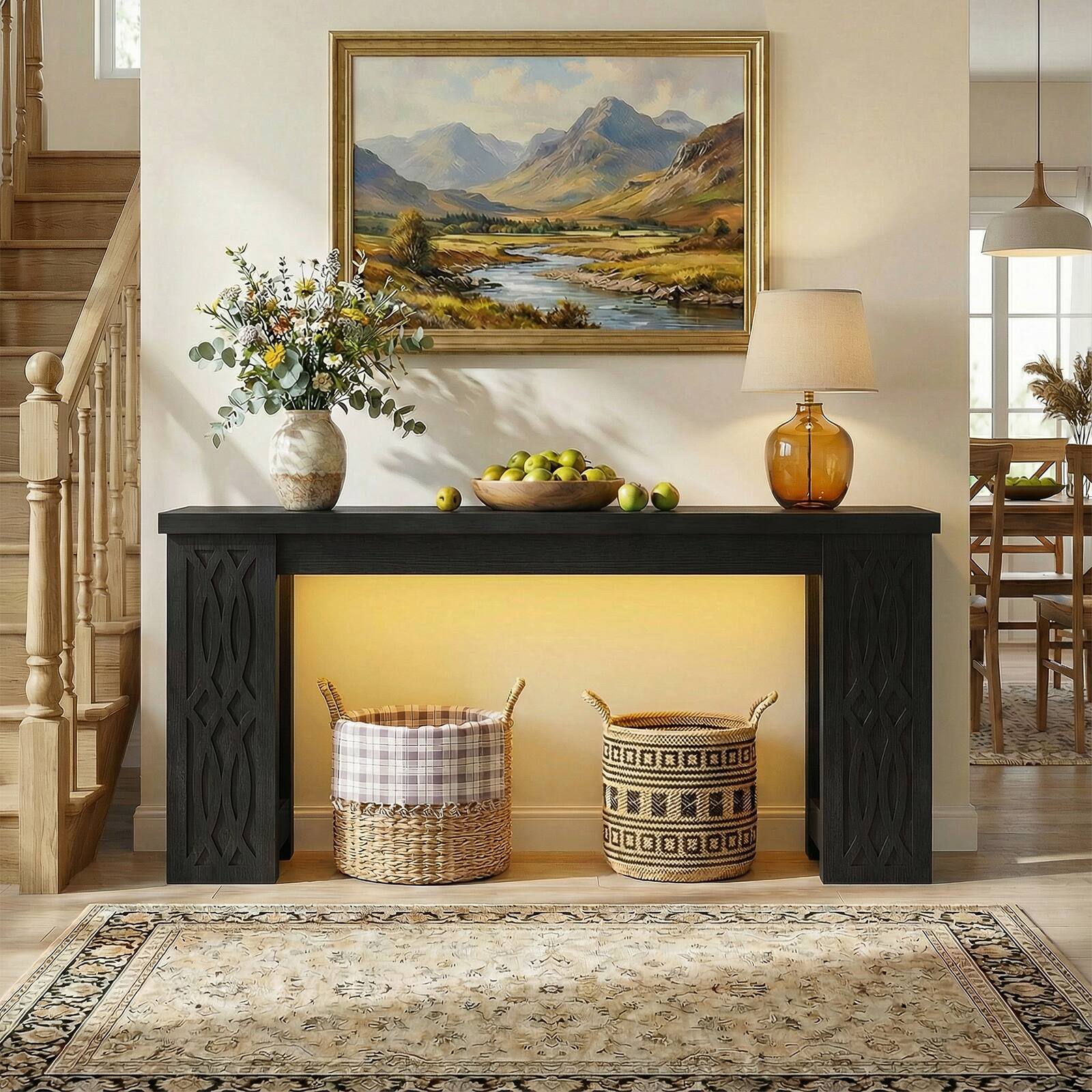Back. Aheaplus - 63' Farmhouse Console Table - Narrow Entryway Table with Charging Station and RGB LED Lights - Black.