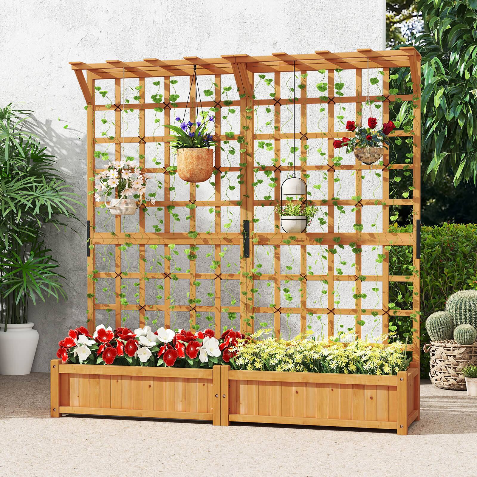 Alt View 1. Costway - Costway 71" Large Wooden Planter Container with Trellis, Hanging Roof 4 Drainage Holes - Beige.