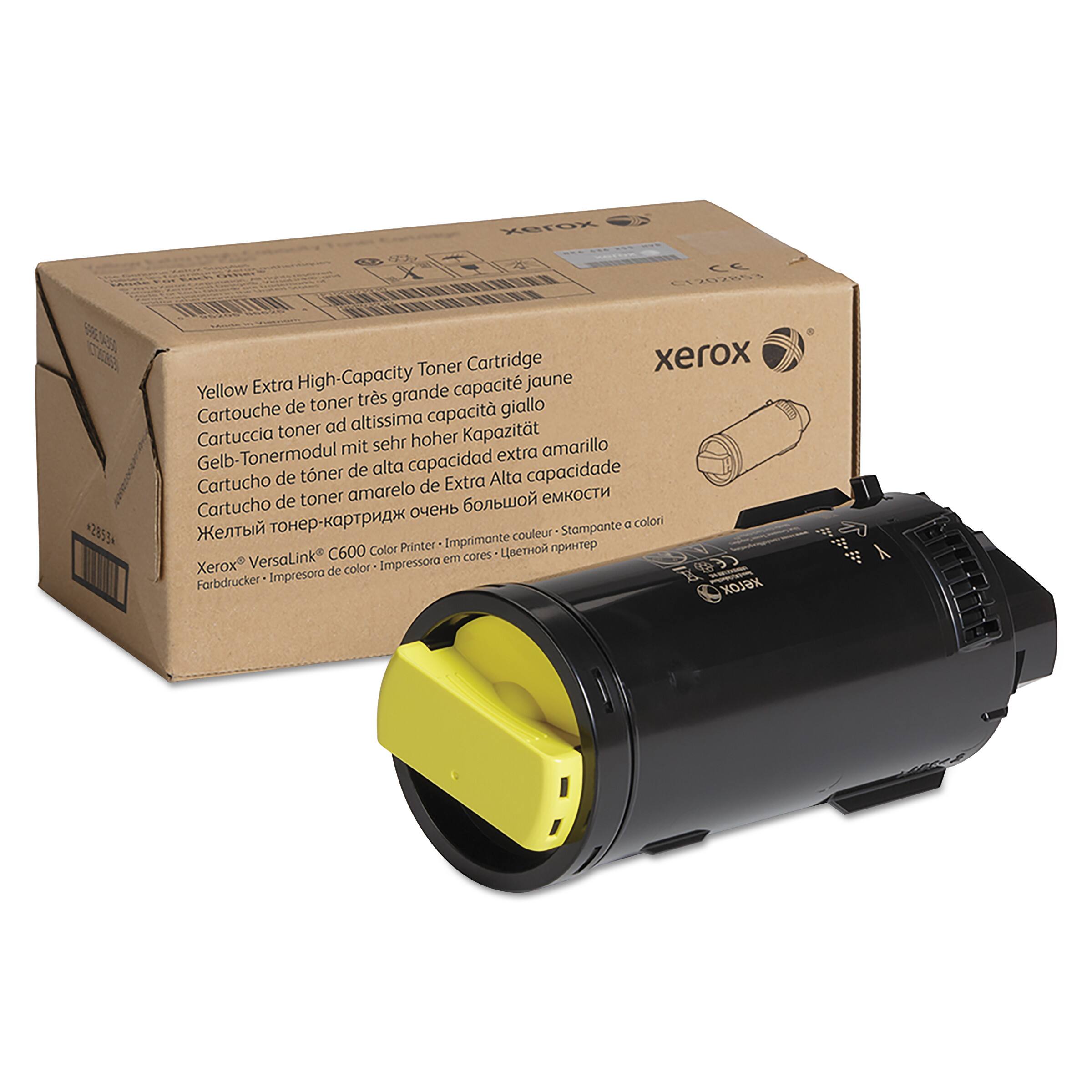 Yellow Extra High-Capacity Toner Cartridge  
Cartouche de toner jaune de très grande capacité  
Cartuccia toner ad altissima capacità giallo  
Gelb-Tonermodul mit sehr hoher Kapazität  
Cartucho de toner amarillo de Extra Alta capacidad  
Cartucho de toner amarelo de Extra Alta capacidade  
Желтый тонер-картридж очень большой емкости  

Xerox® VersaLink® C600 Color Printer  
Stampeante a colori  
Impresora de color  
Impressora em cores  
Farbdrucker  
Impresora de color  
Impressora em cores  
Лазерный принтер