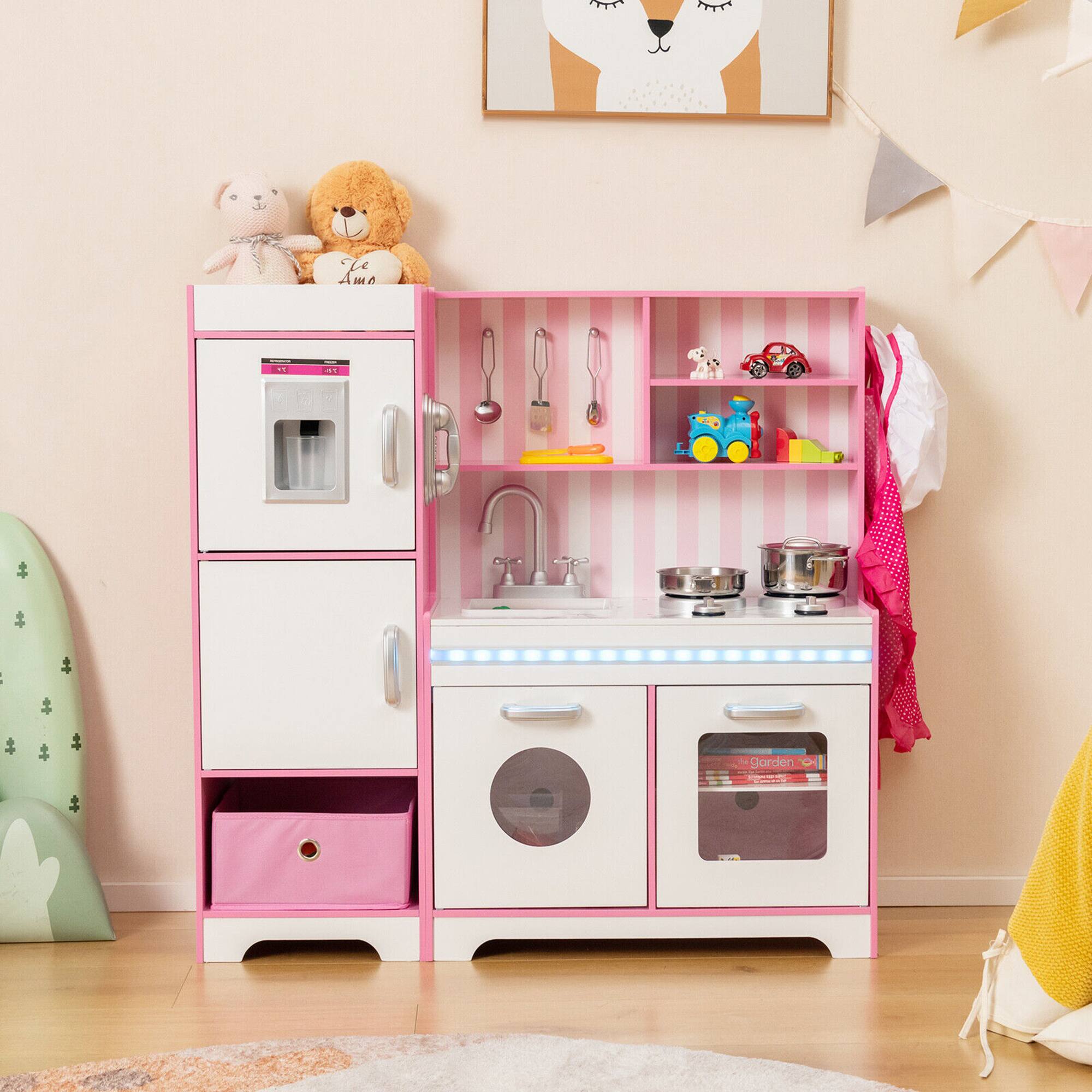 Alt View 2. Gymax - Gymax Kids Kitchen Playset Wooden Toy with Adjustable LED Lights & Washing Machine - White + Pink.