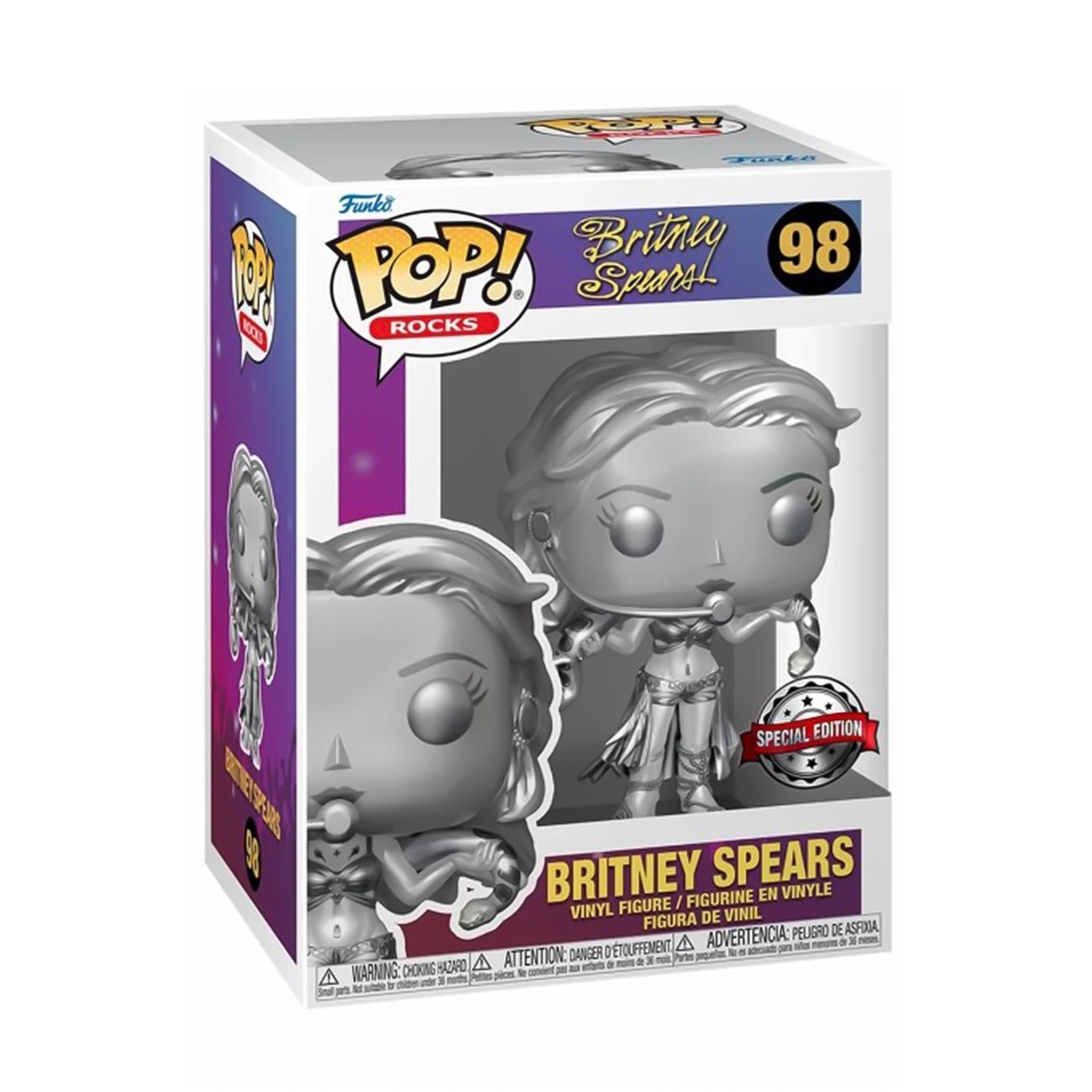 Sure, here is the corrected and grouped text from the image:

---

**Front:**
- Britney Spears
- 98
- POP! Rocks
- Special Edition
- Britney Spears
- Vinyl Figure / Figurine en Vinyle / Figura de Vinil
- Warning: Choking Hazard - Small parts. Not for children under 3 years. / Attention: Danger de suffocation - Petits morceaux. Ne convient pas aux enfants de moins de 3 ans. / Advertencia: Peligro de asfixia - Piezas pequeñas. No es adecuado para niños menores de 3 años.

**Side:**
- Funko
- POP! Rocks
- Britney Spears
- 98

**Bottom:**
- Warning: Choking Hazard - Small parts. Not for children under 3 years. / Attention: Danger de suffocation - Petits morceaux. Ne convient pas aux enfants de moins de 3 ans. / Advertencia: Peligro de asfixia - Piezas pequeñas. No es adecuado para niños menores de 3 años.

---