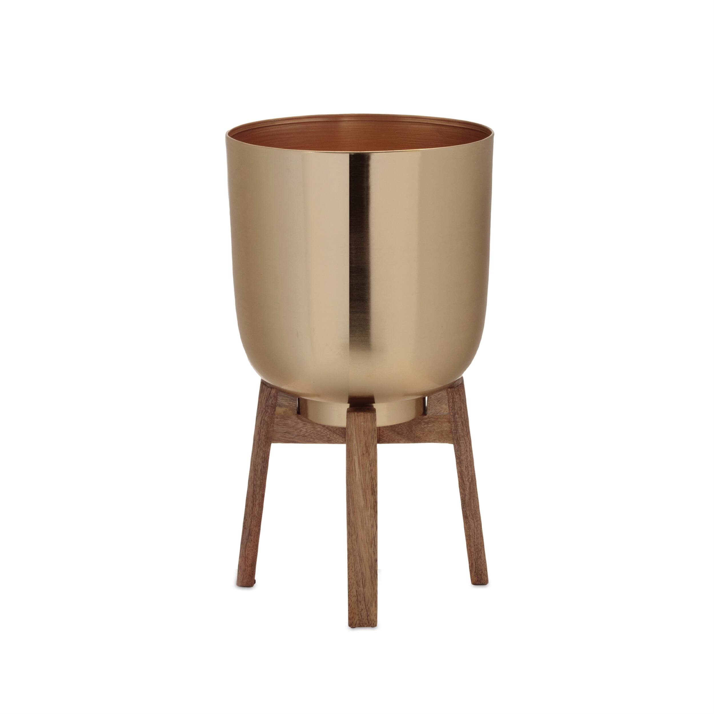 Left. BreeBe - Round Metal Planter with Wooden Stand (Set of 2) - Gold.