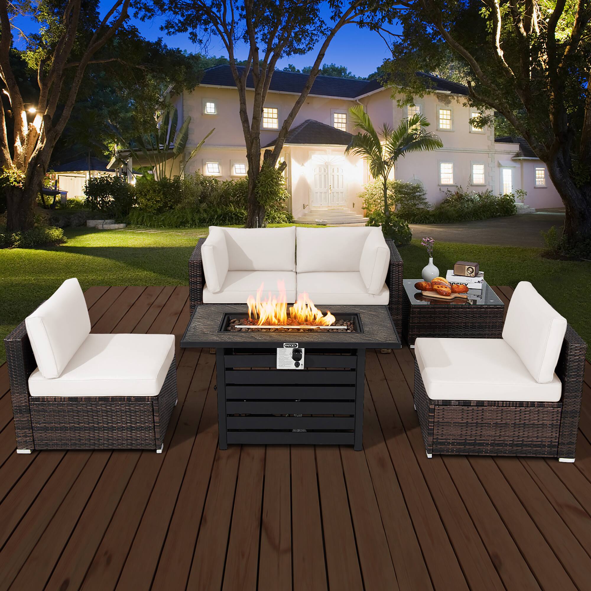 Alt View 2. Costway - Costway 6PCS Patio Rattan Furniture Set 42" Fire Pit Table Cover Sofa Cushion - Mix Brown,Off White.