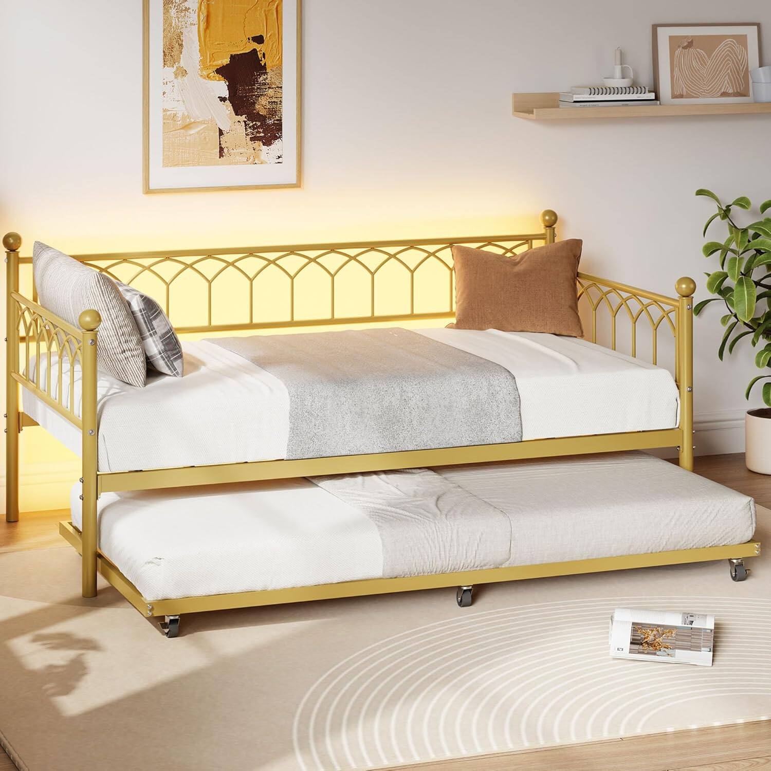 Alt View 4. Homhougo - Twin Daybed with Trundle, Day Bed with Charging Station & LED Lights, Metal Sofa Bed Frame with Pull Out Trundle - Gold.