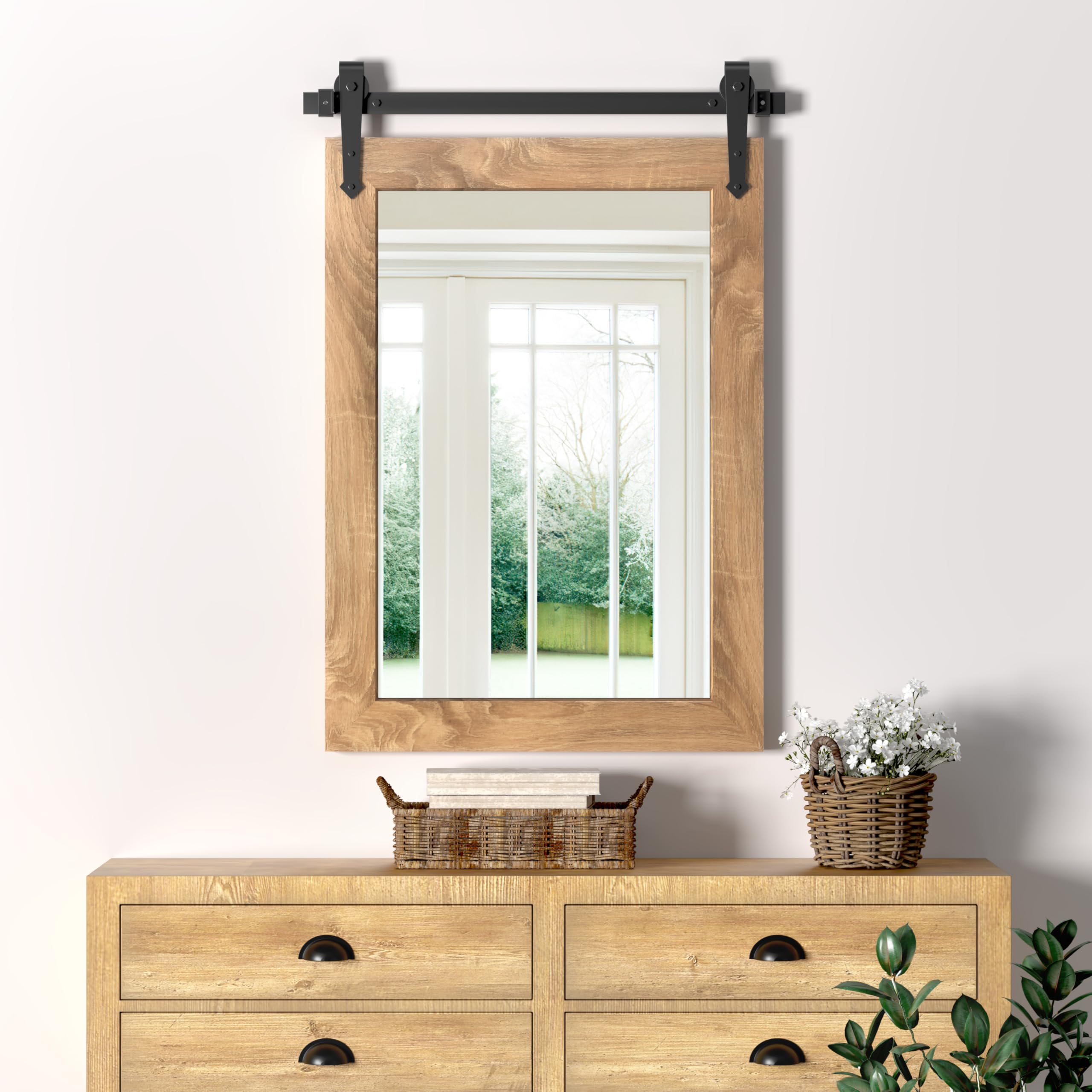 Back. TECH SAFARI - Farmhouse Barn Door Mirror Rustic Decorative Vanity Mirrors Wall Decor For Bathroom Living Room Entryway - White 24"L x 18"W.