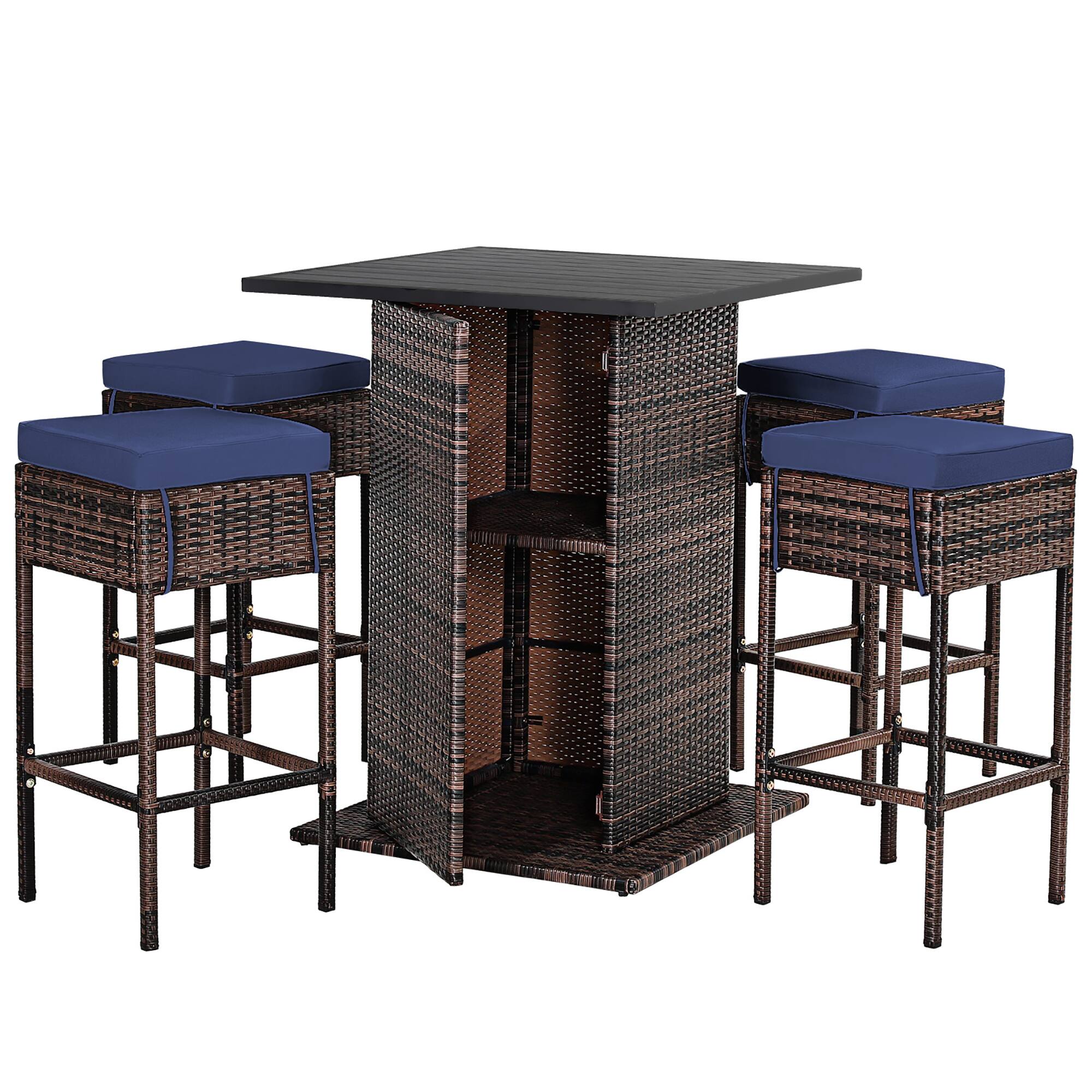 Alt View 9. Costway - Costway 5PCS Patio Rattan Bar Table Stool Set Hidden Storage Shelf Cushioned - Navy.