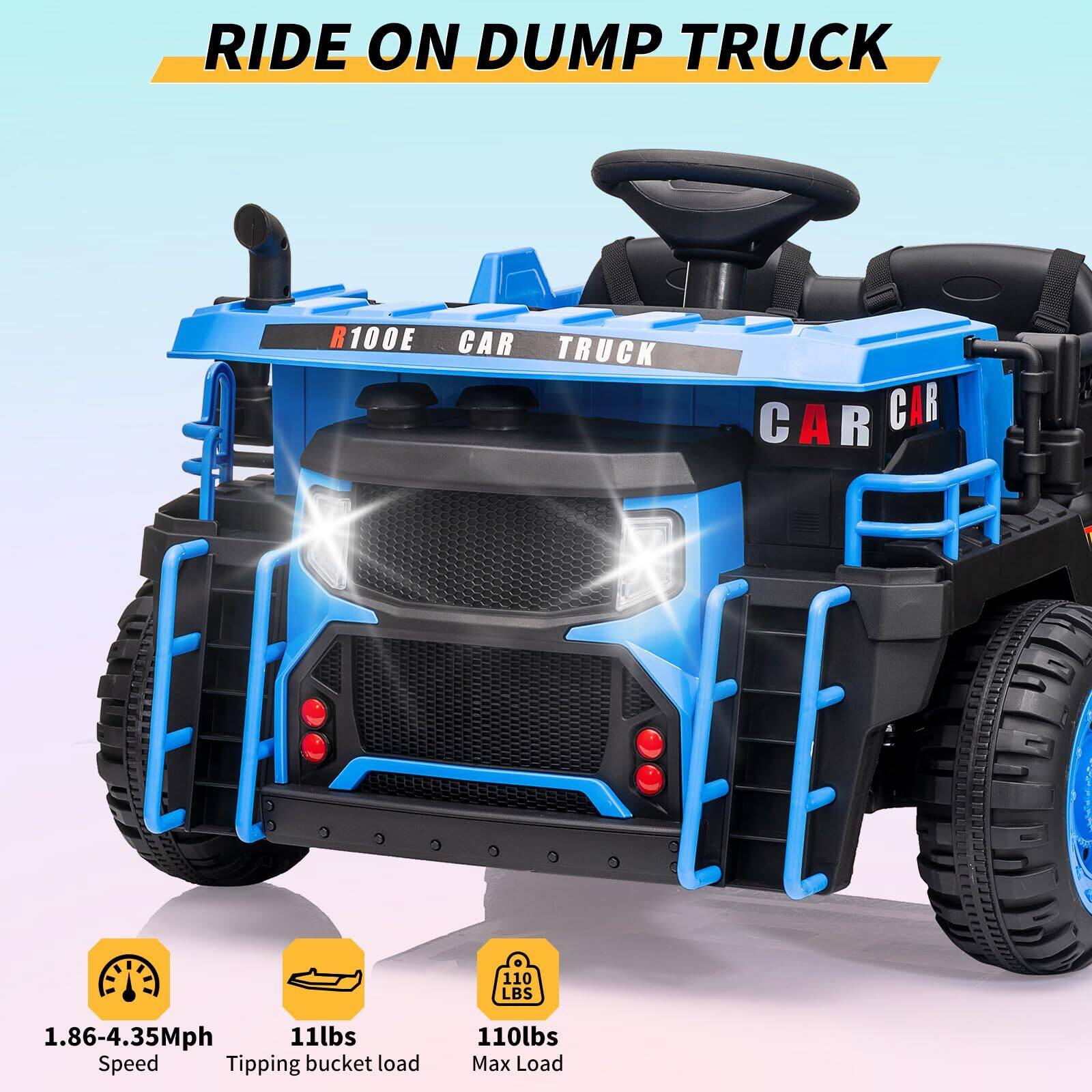 RIDE ON DUMP TRUCK R100E CAR TRUCK CAR

1.86-4.35Mph Speed

11lbs Tipping bucket load

110lbs Max Load