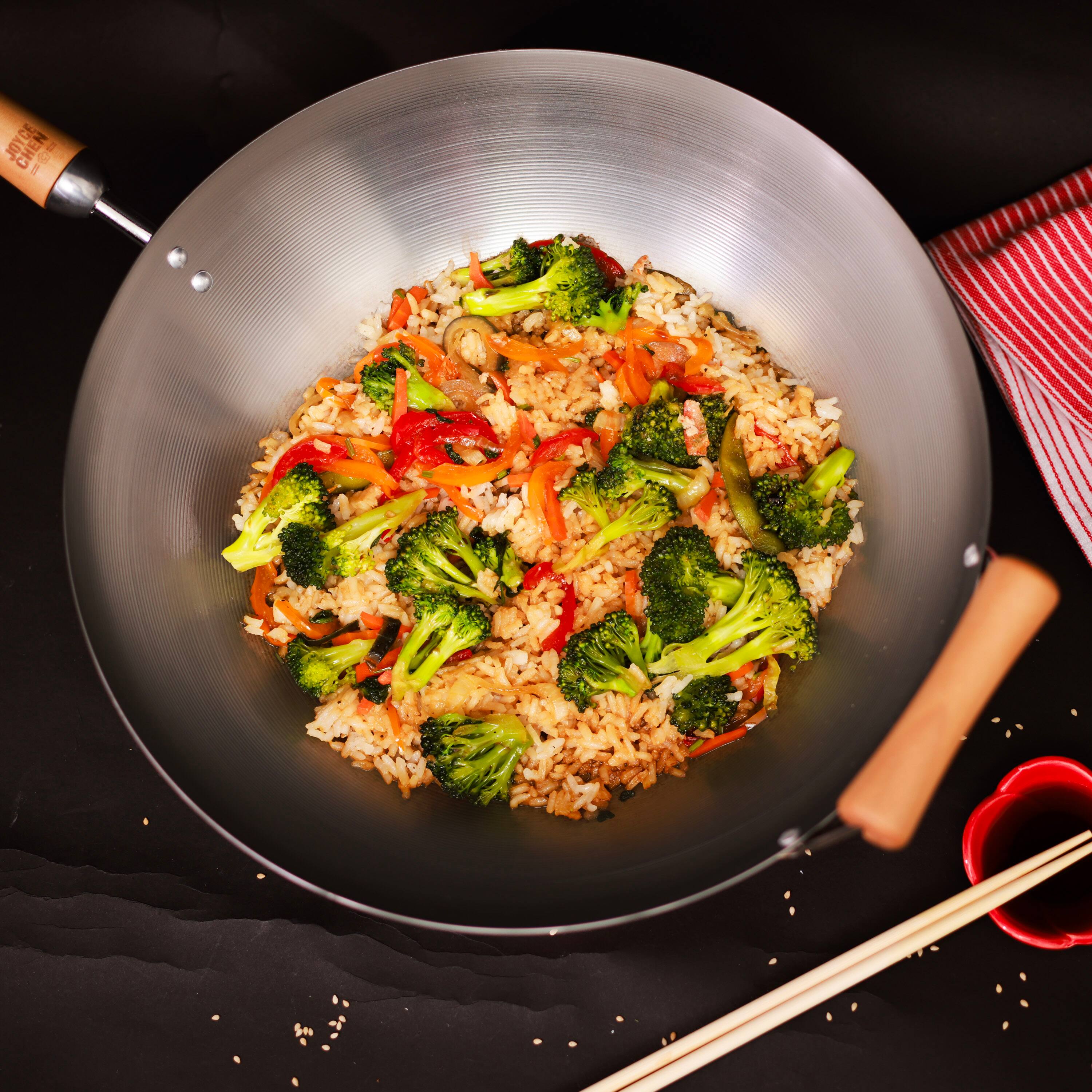 Alt View 7. Escali - Joyce Chen Classic Series 14-Inch Uncoated Carbon Steel Flat Bottom Wok with Birch Handles - Silver.