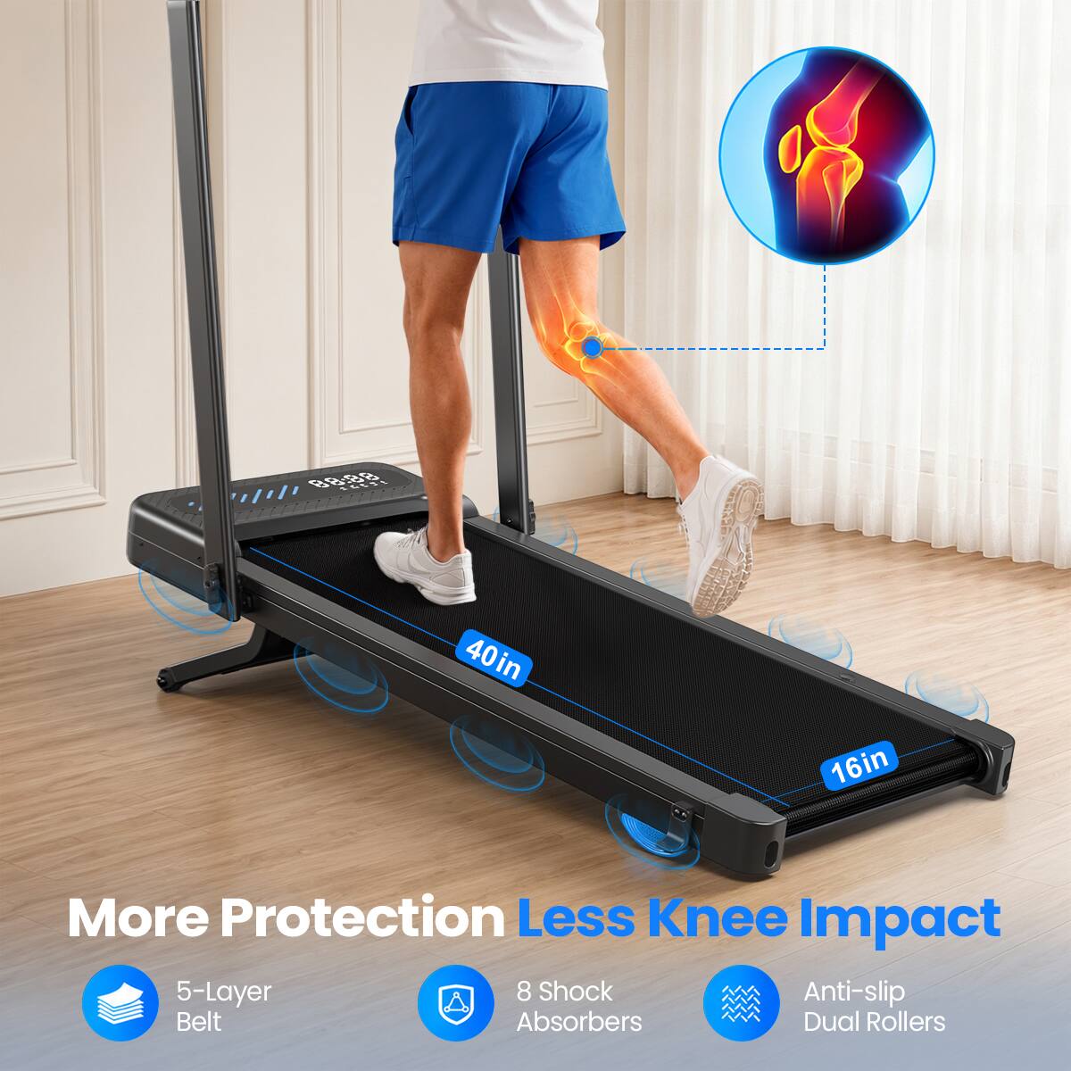 88:88 LASSI  
40in  
16in  
More Protection Less Knee Impact  
5-Layer 8 Shock Absorbers Anti-slip Belt Dual Rollers