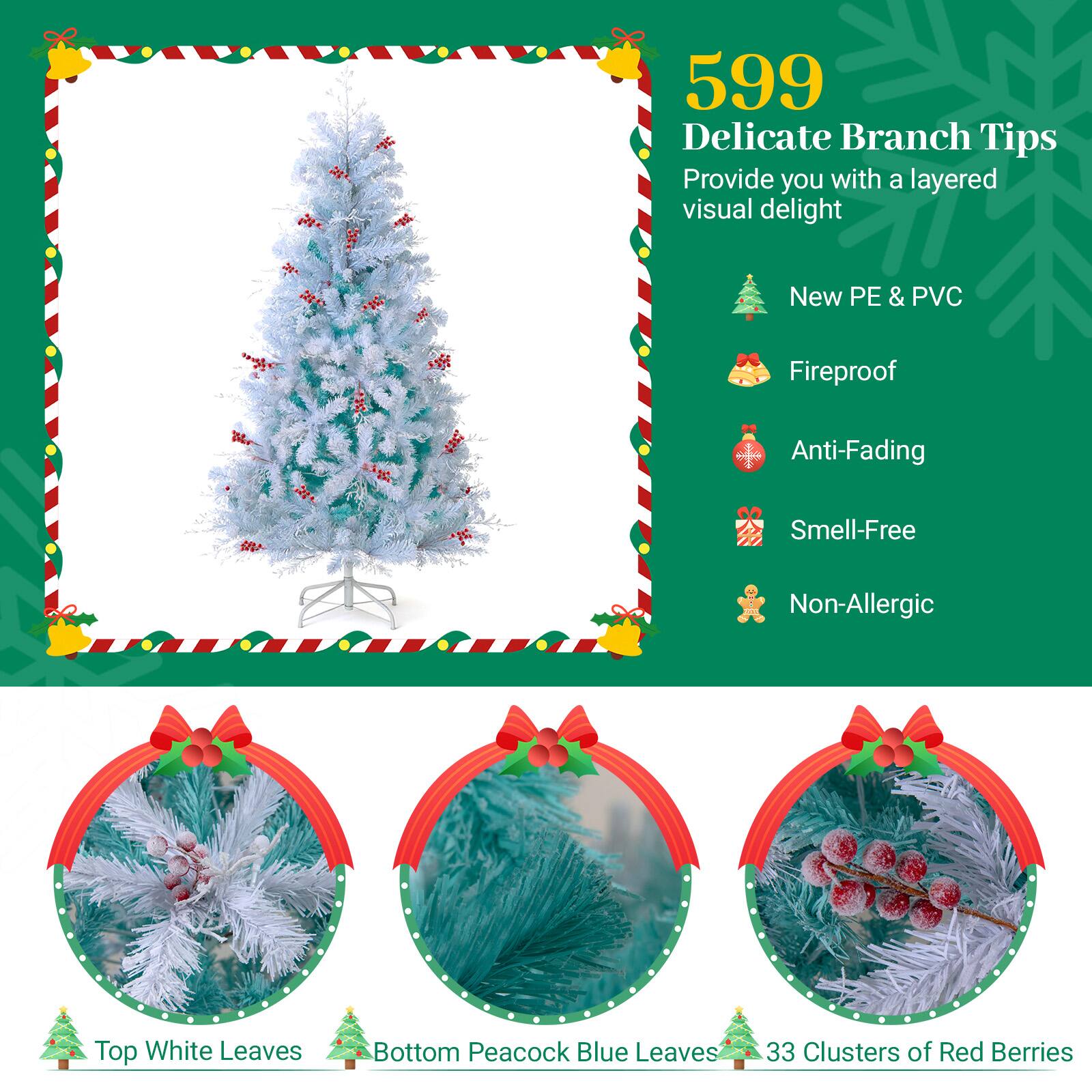 599 Delicate Branch Tips  
Provide you with a layered visual delight  

- New PE & PVC  
- Fireproof  
- Anti-Fading  
- Smell-Free  
- Non-Allergic  

Top White Leaves  
Bottom Peacock Blue Leaves  
33 Clusters of Red Berries