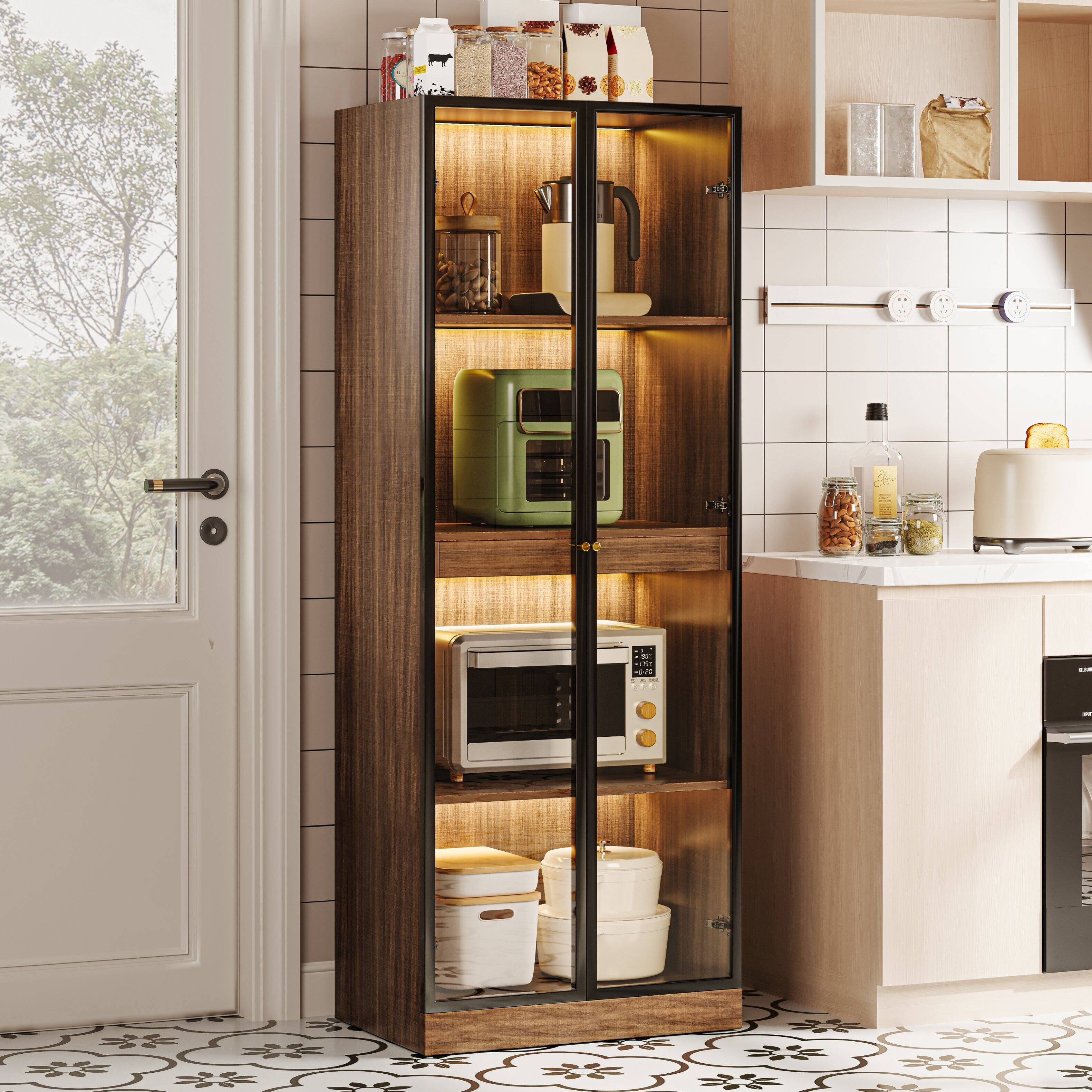 Alt View 1. MSOOB - 23.6‘’ Glass Display Cabinet With Led Lights Tempered Glass Curio Cabinet For China Liquor Collectibles - Brown.