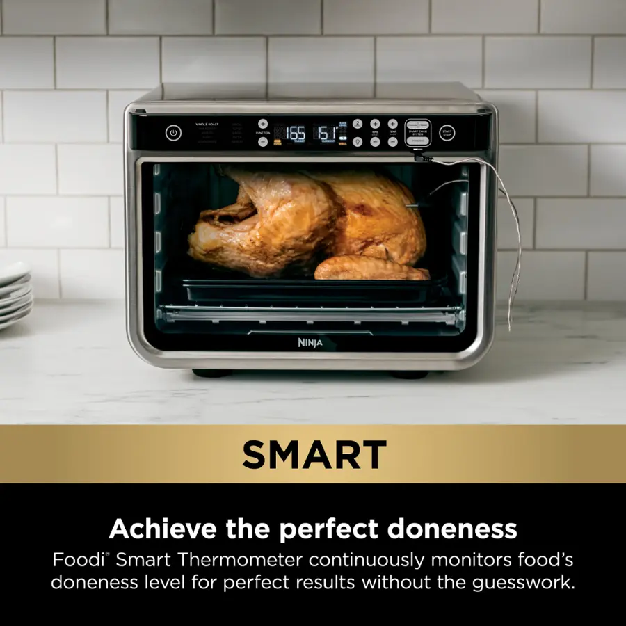 "Achieve the perfect doneness with the Ninja Smart Thermometer. This innovative device continuously monitors food's doneness level for perfect results without the guesswork."