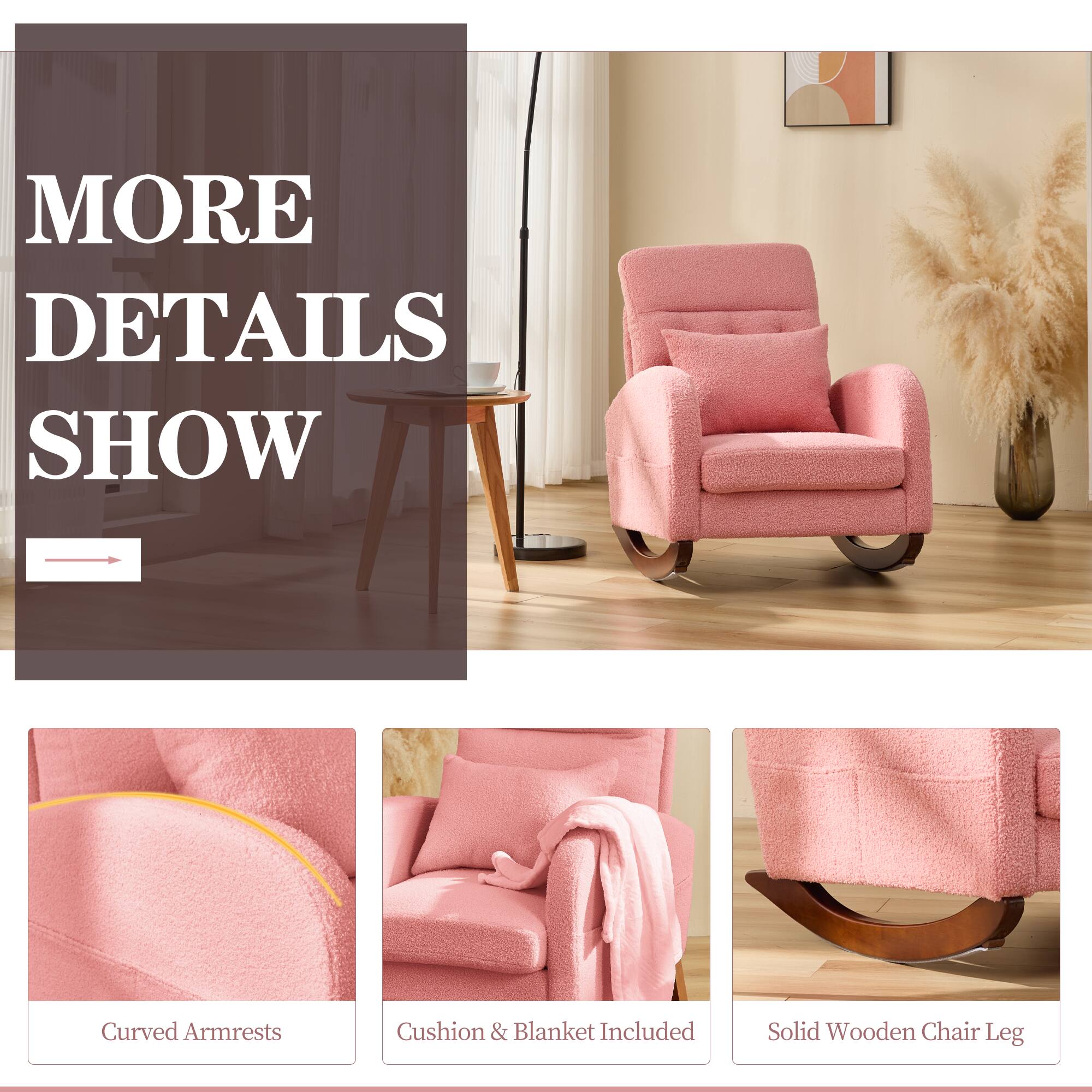 MORE DETAILS SHOW

- Curved Armrests
- Cushion & Blanket Included
- Solid Wooden Chair Leg